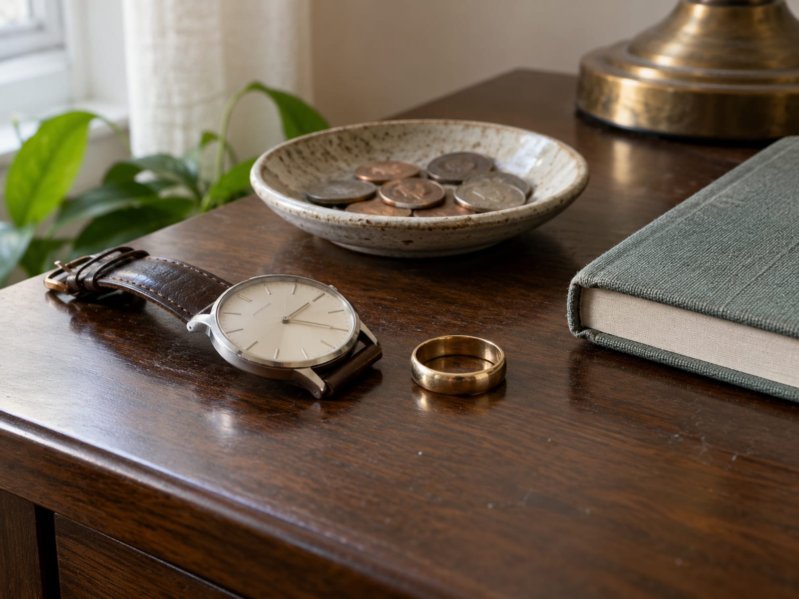 A ring, a wristwatch and a small coin collection laid out on a table beside a notebook