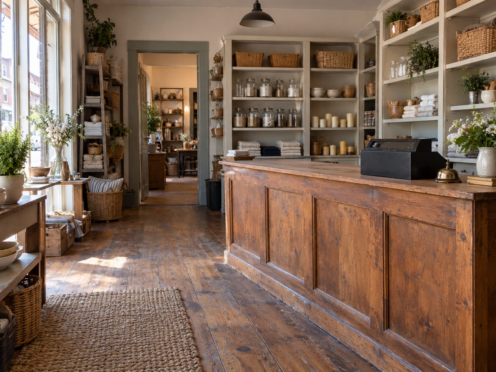 El interior vacío de una pequeña tienda con un mostrador y estantes con luz de la mañana