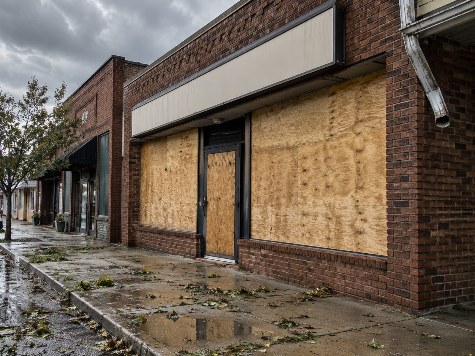 Un frente de tienda en un pueblo pequeño con madera contrachapada sobre las ventanas bajo un cielo gris después de una tormenta