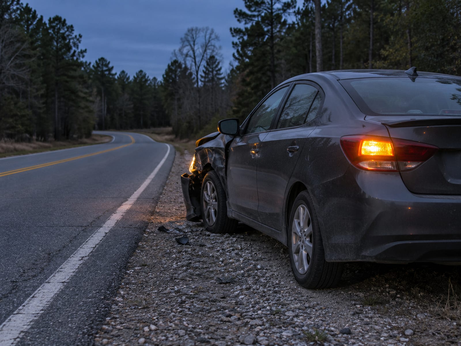 A car with a damaged front corner pulled onto a road shoulder at dusk with hazard lights on