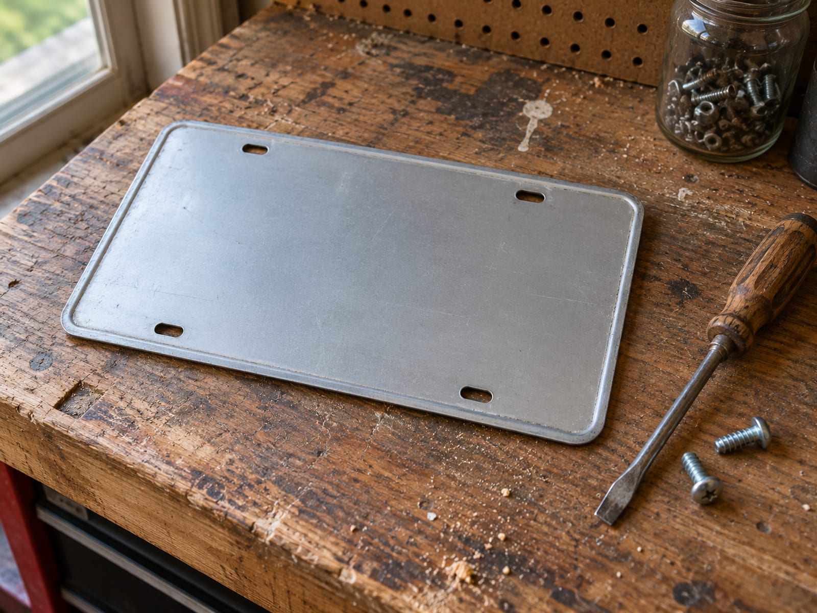 A license plate removed from a car and resting on a workbench beside a screwdriver