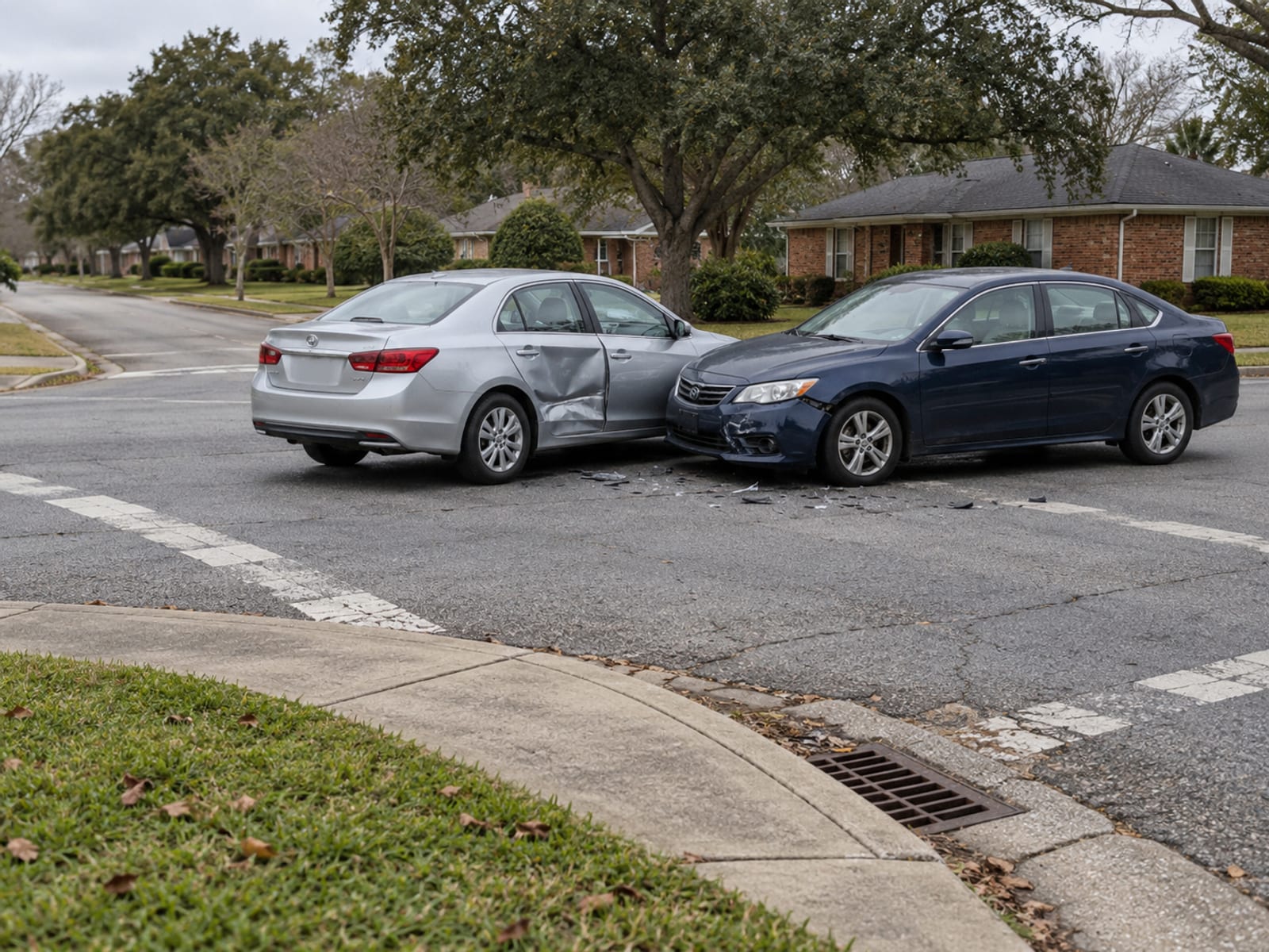 Two cars stopped at an angle in an intersection after a side-impact collision