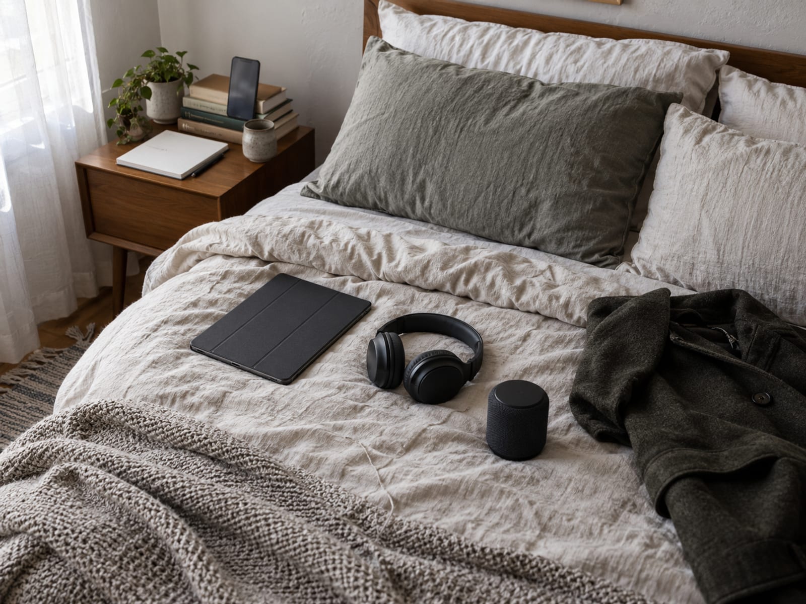 A person's hands holding a phone to photograph a bookshelf in an apartment, with a notebook open beside it