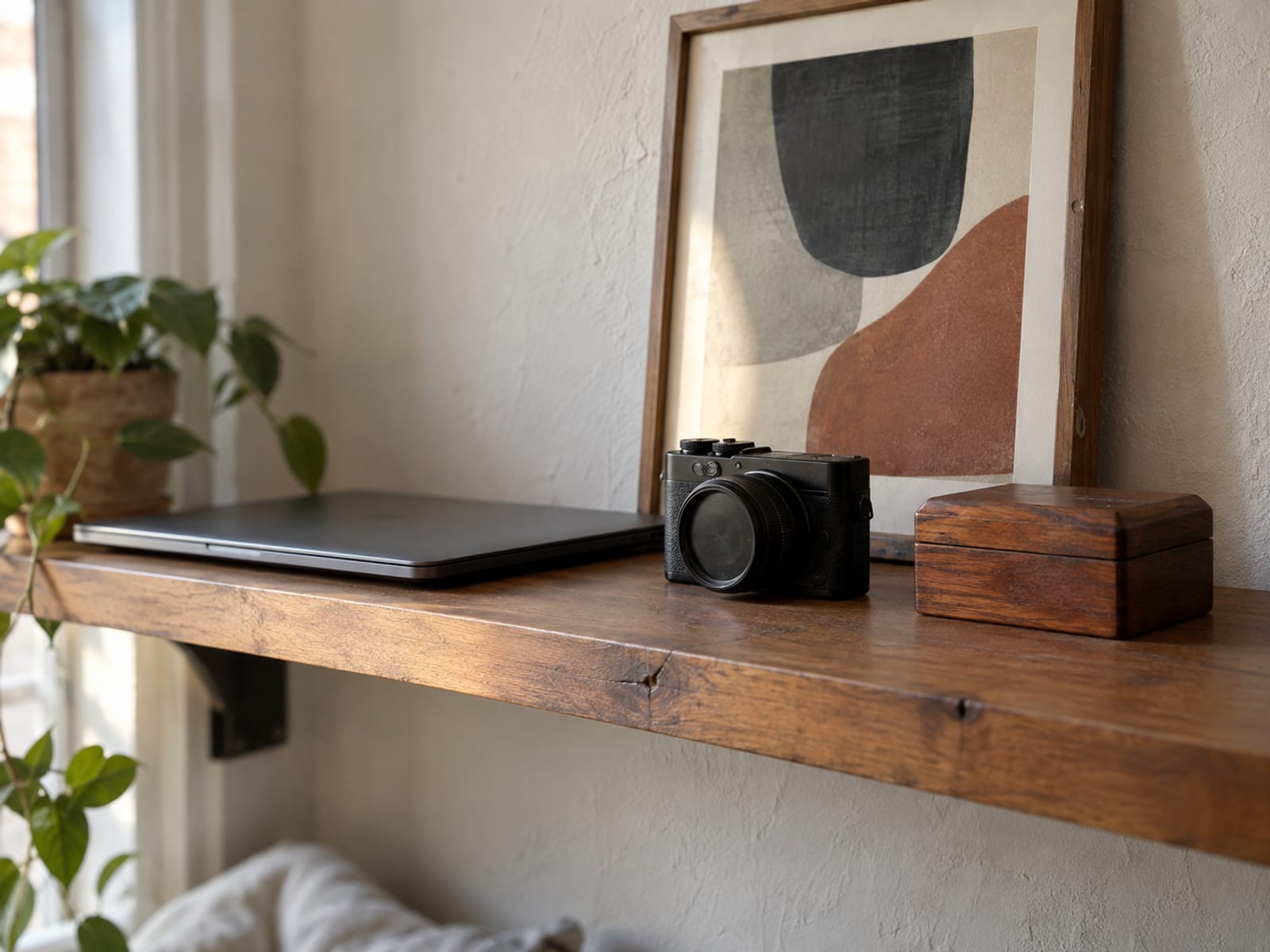 A shelf in a small apartment holding a laptop, a camera, a framed print and a jewelry box
