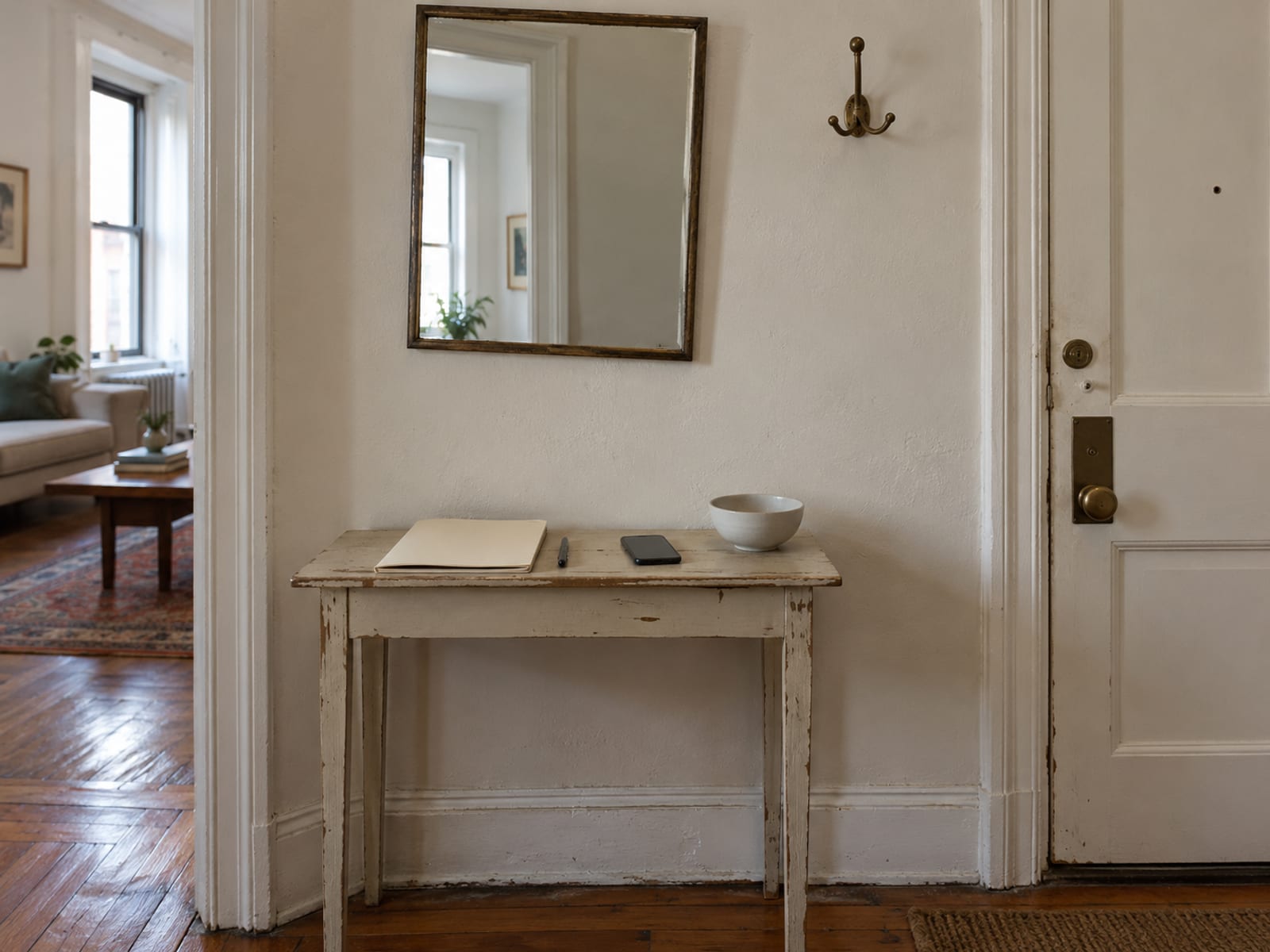 A closed folder of papers, a pen and a smartphone on a table near an apartment front door