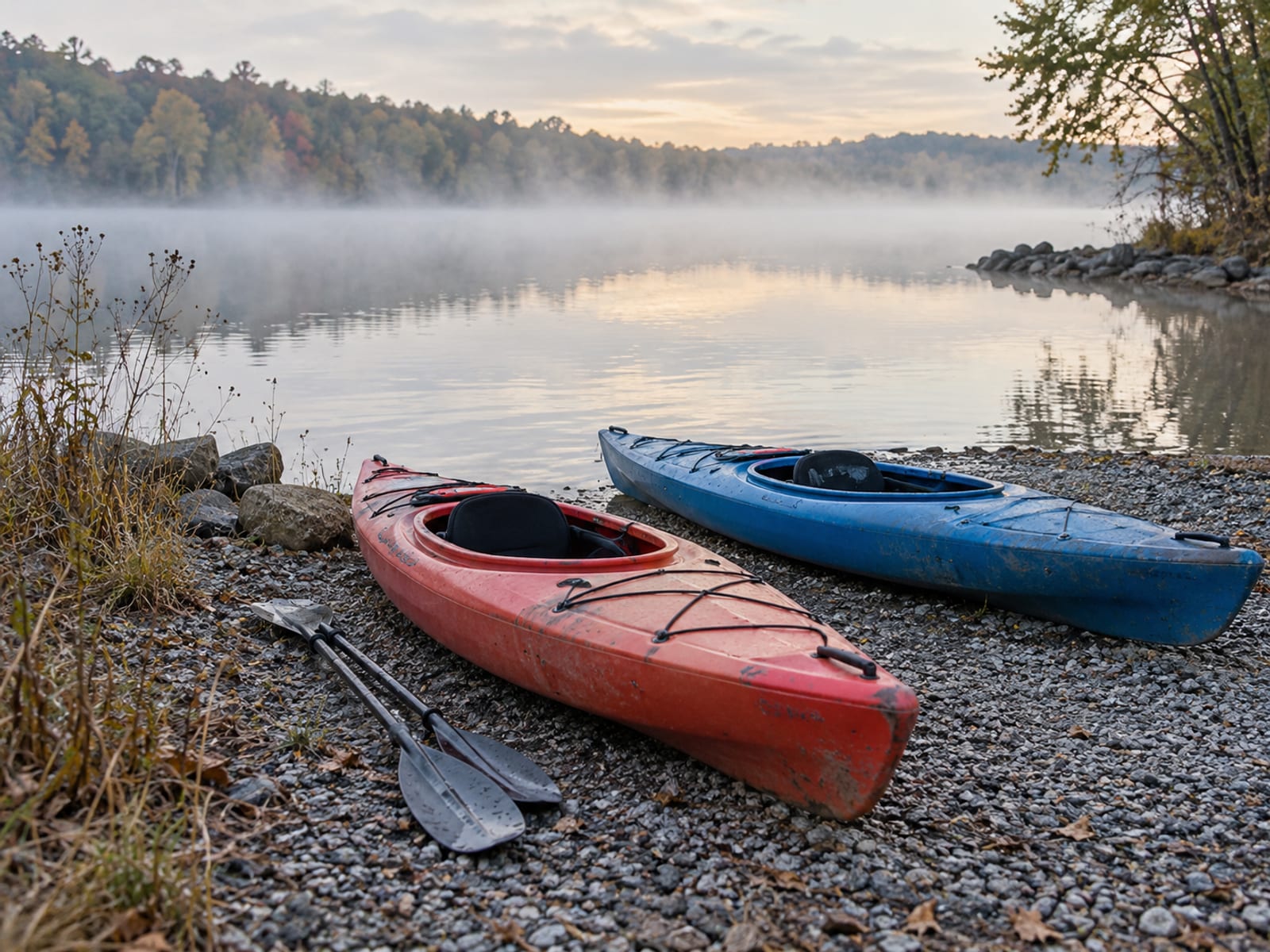 Two kayaks resting on a gravel launch area at the edge of a quiet lake in the early morning