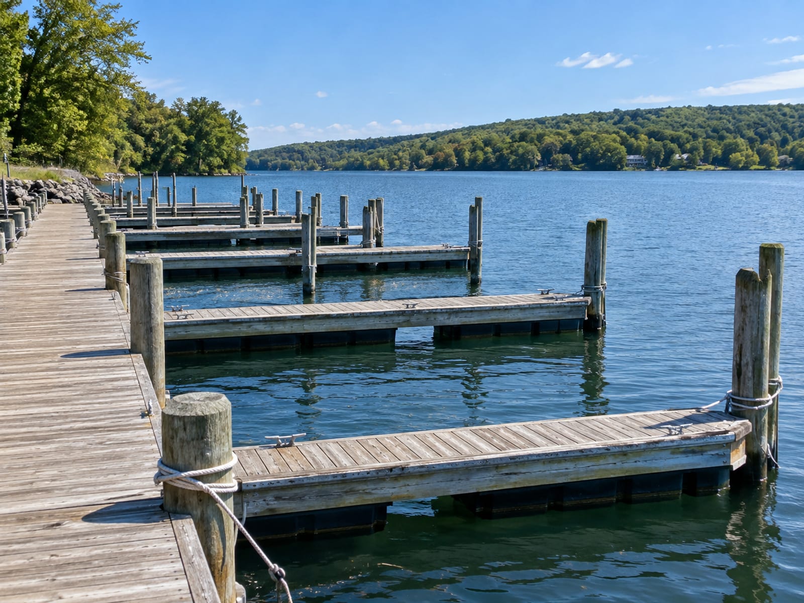 A row of empty boat slips at a lakeside marina on a clear summer day