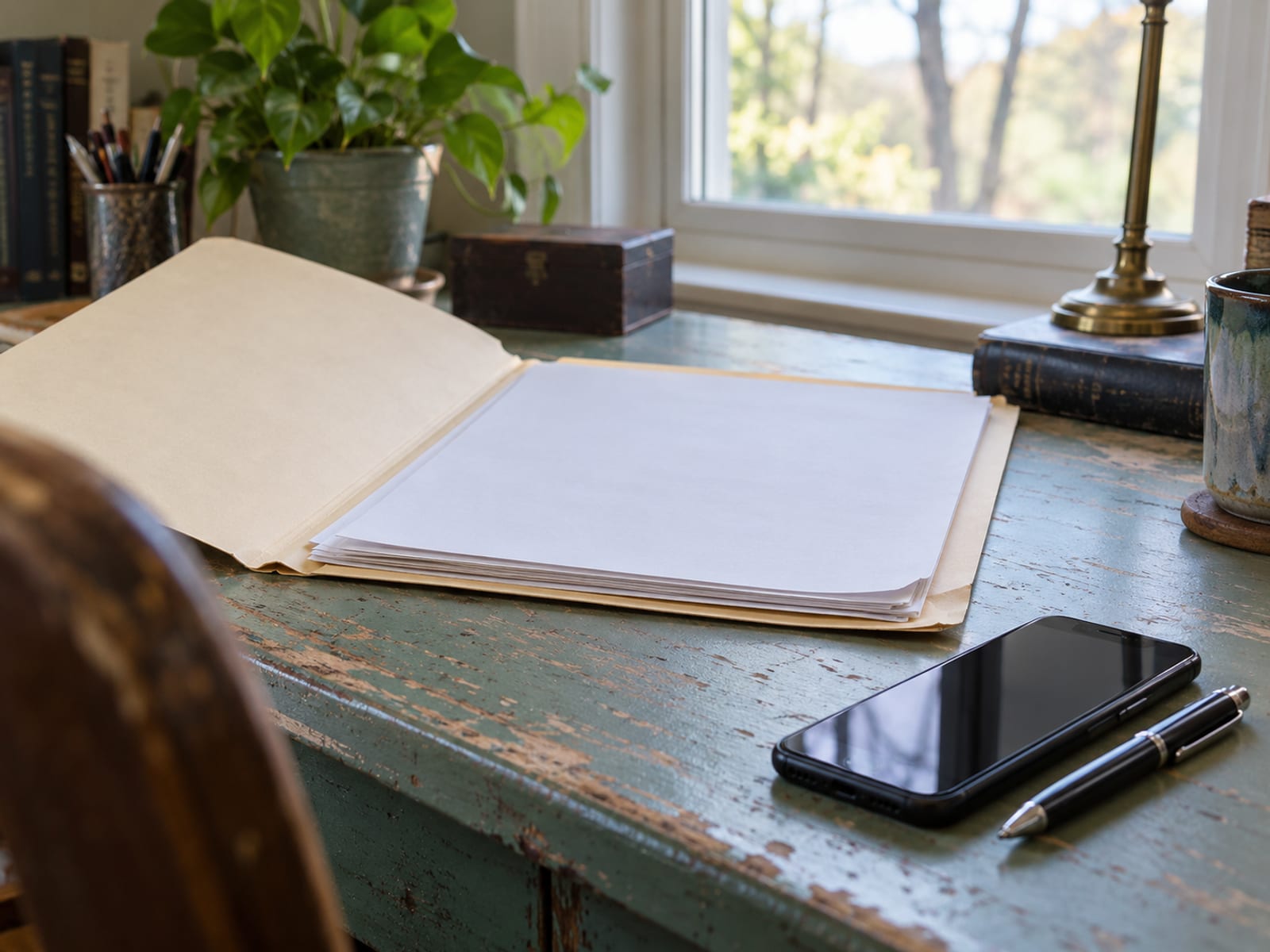 A folder of blank documents, a phone and a pen on a desk beside a window