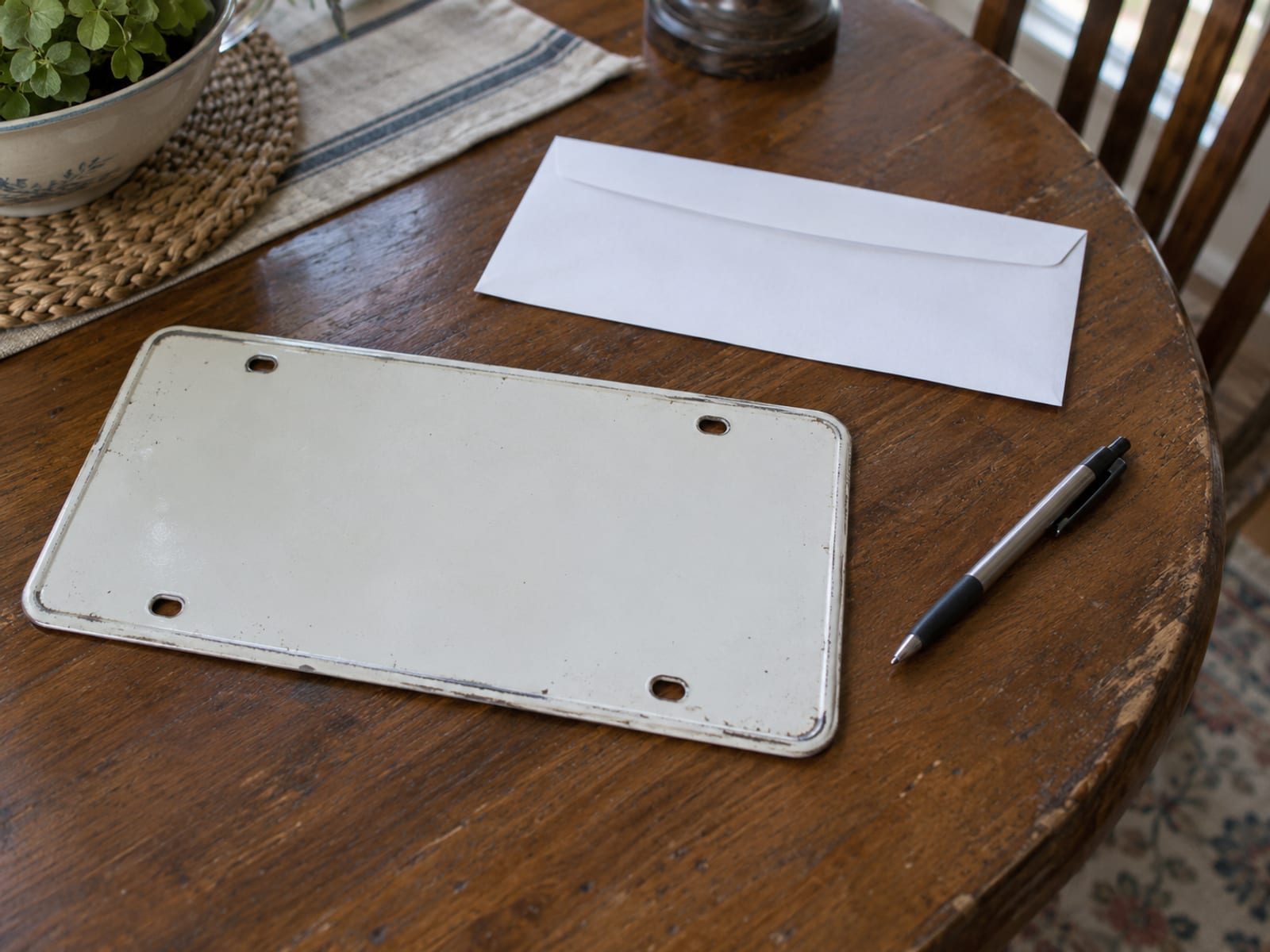 A plain license plate and a closed envelope on a wooden table beside a pen
