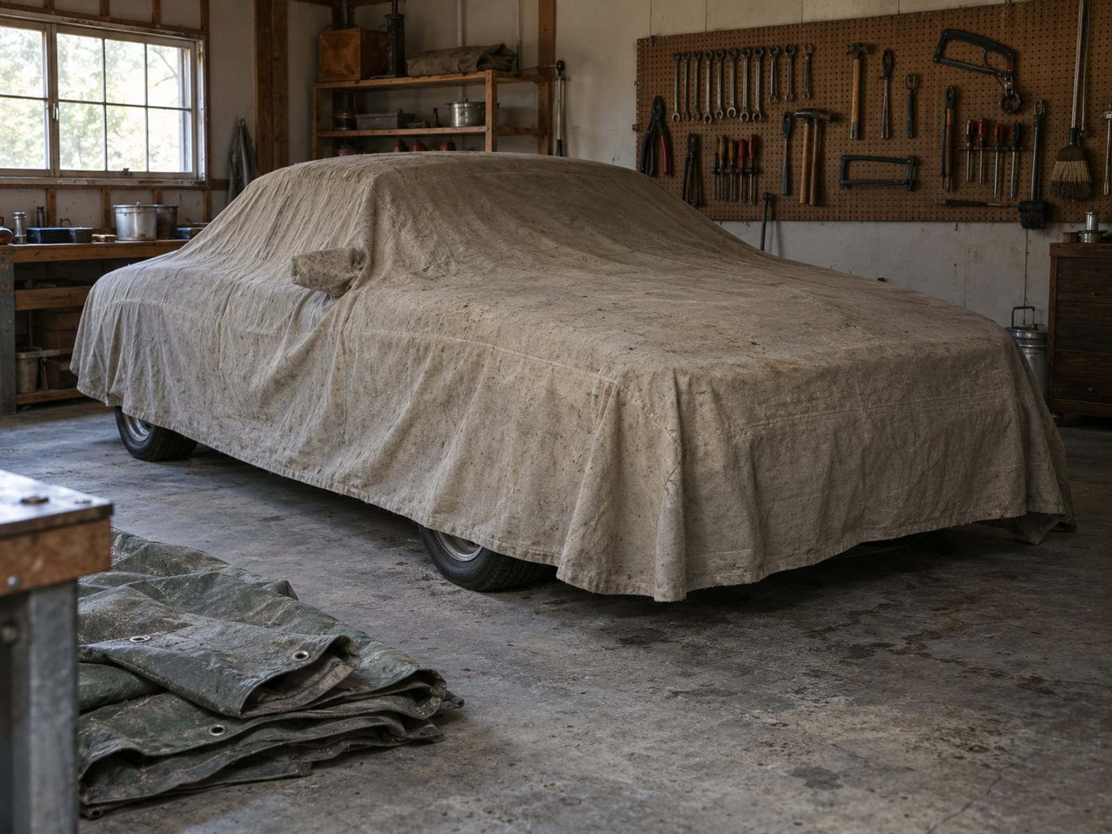 A covered car parked inside a quiet garage with tools on a pegboard wall