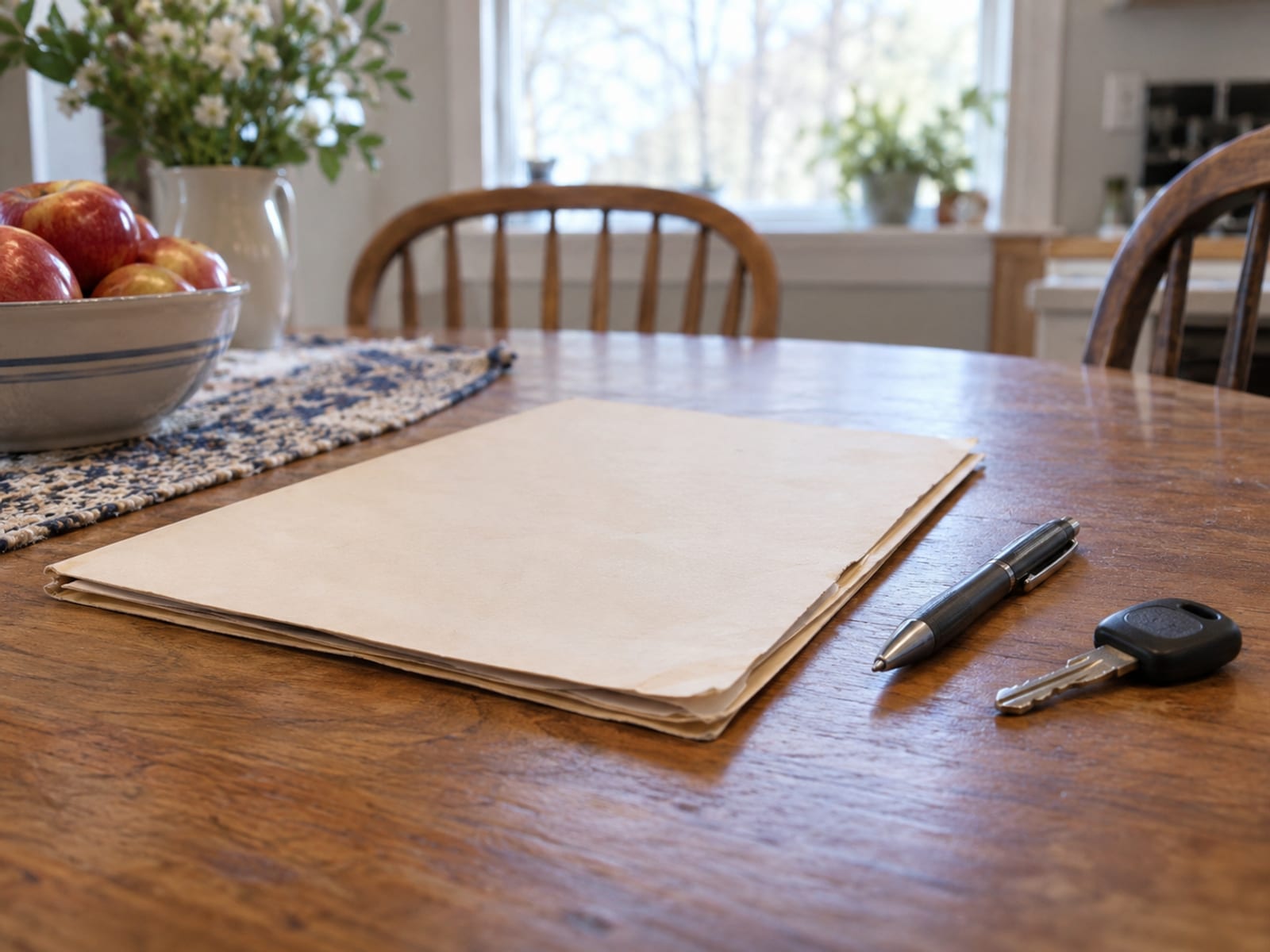 A closed folder of blank insurance papers, a pen and a car key on a kitchen table