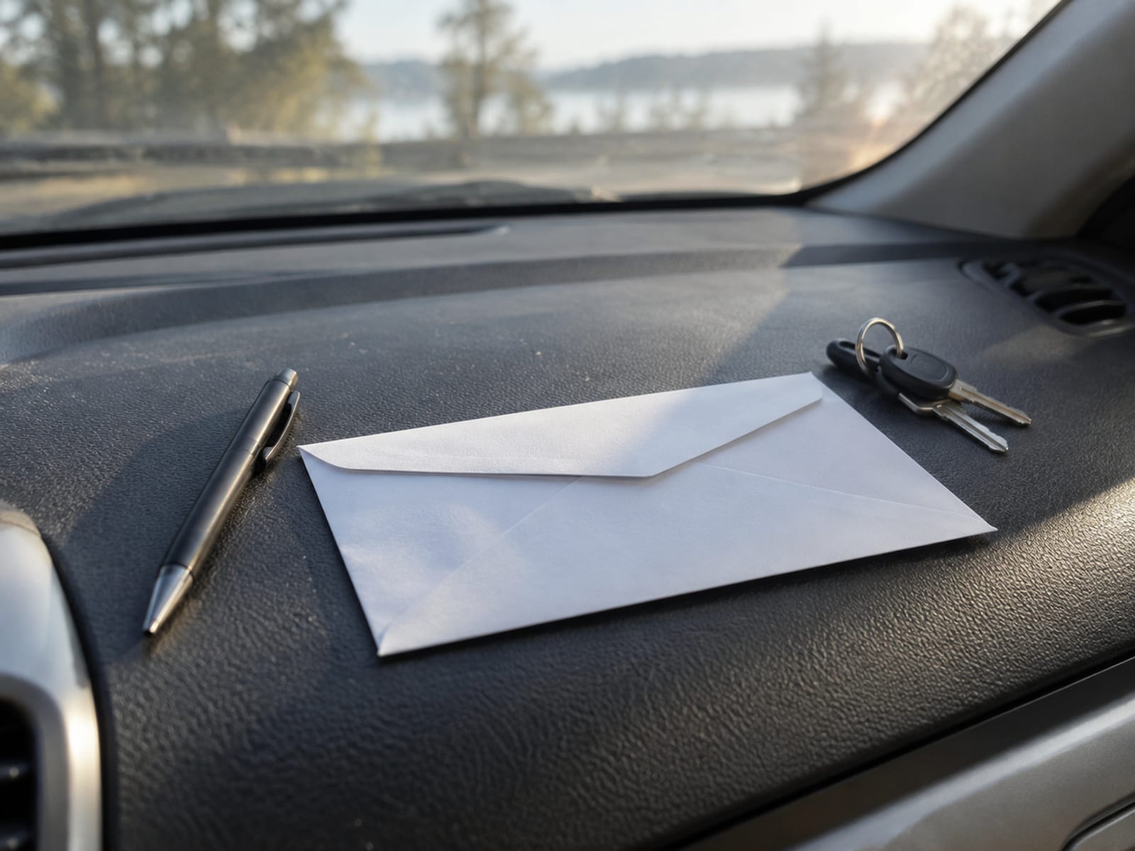 An unopened envelope and a pen resting on a car dashboard beside a set of keys