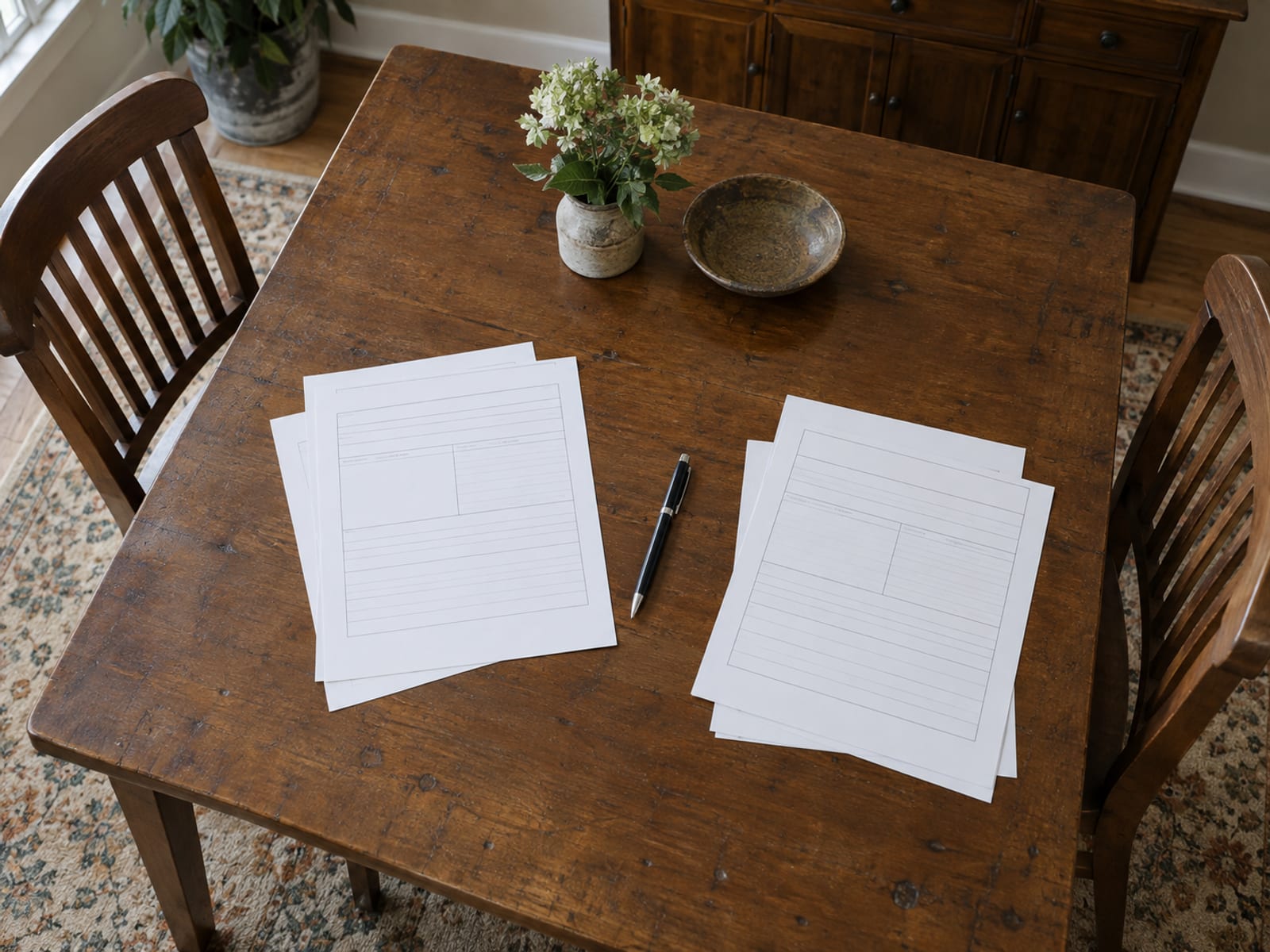 Blank printed forms on a table with a pen between two empty chairs