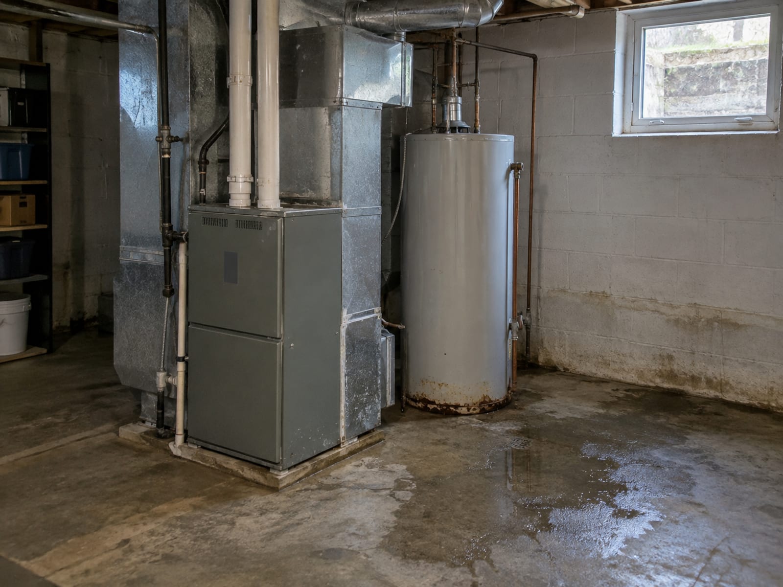 A furnace and a water heater standing on a concrete basement floor beside a small window