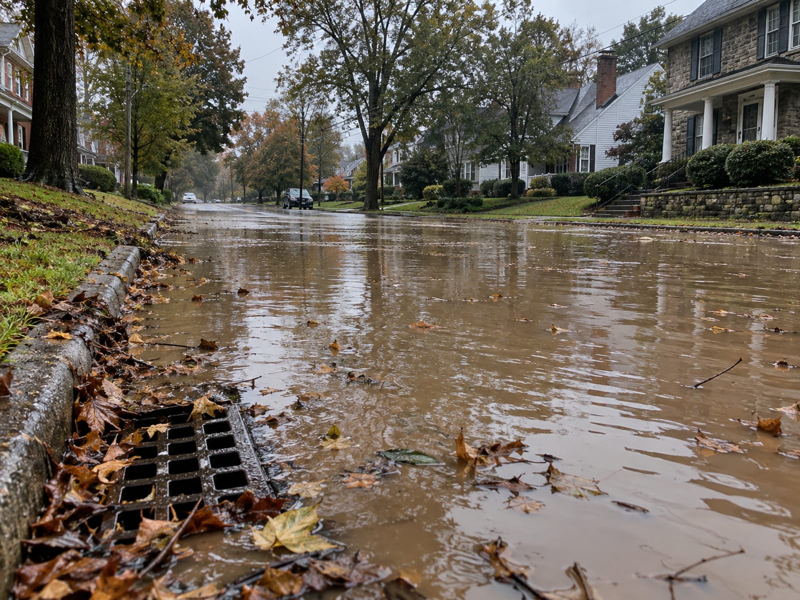 Muddy water standing in a residential street lined with houses after heavy rain