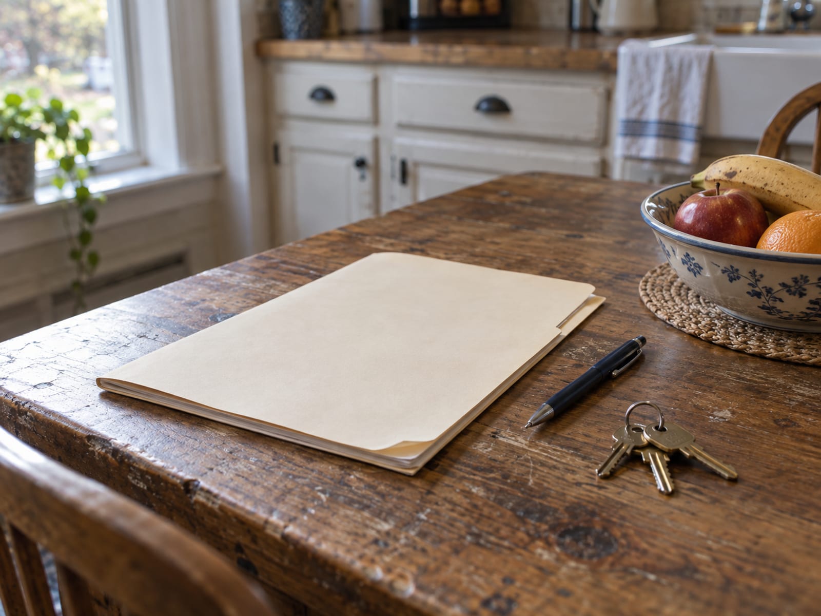 A closed mortgage paperwork folder, a pen and a set of house keys on a kitchen table
