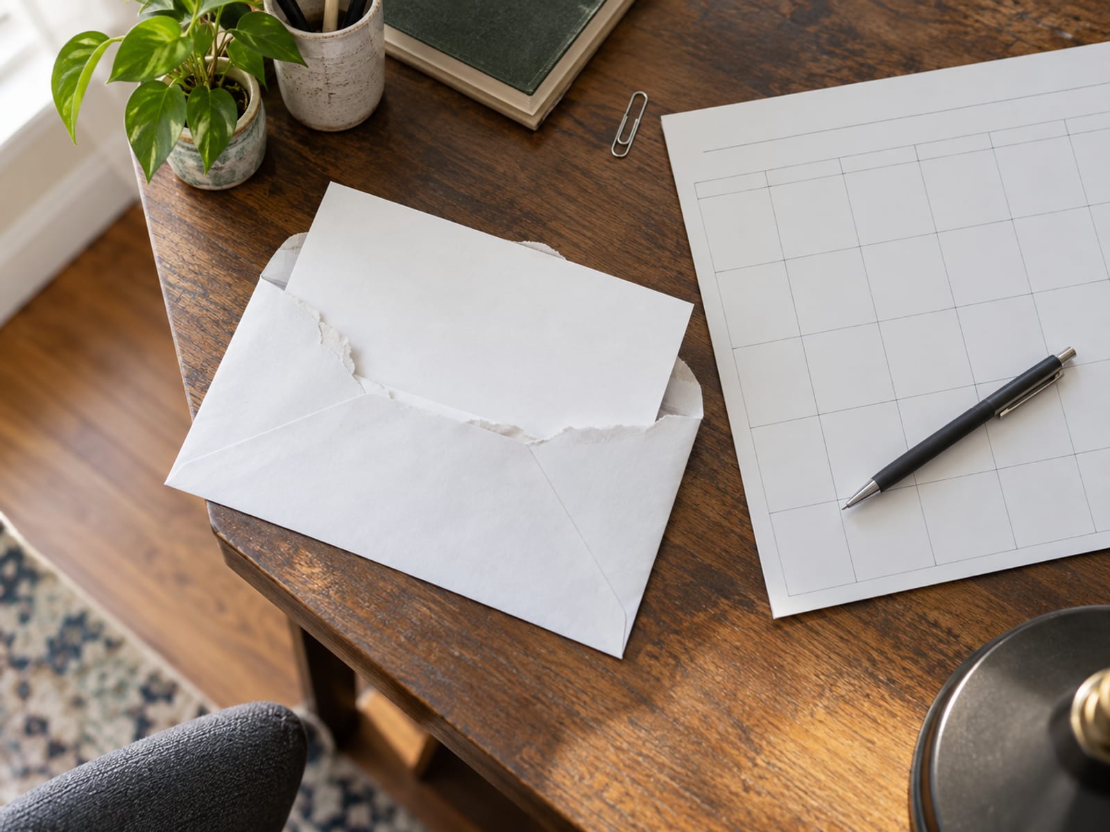 An opened envelope, a calendar page and a pen on a wooden desk beside a cup of coffee