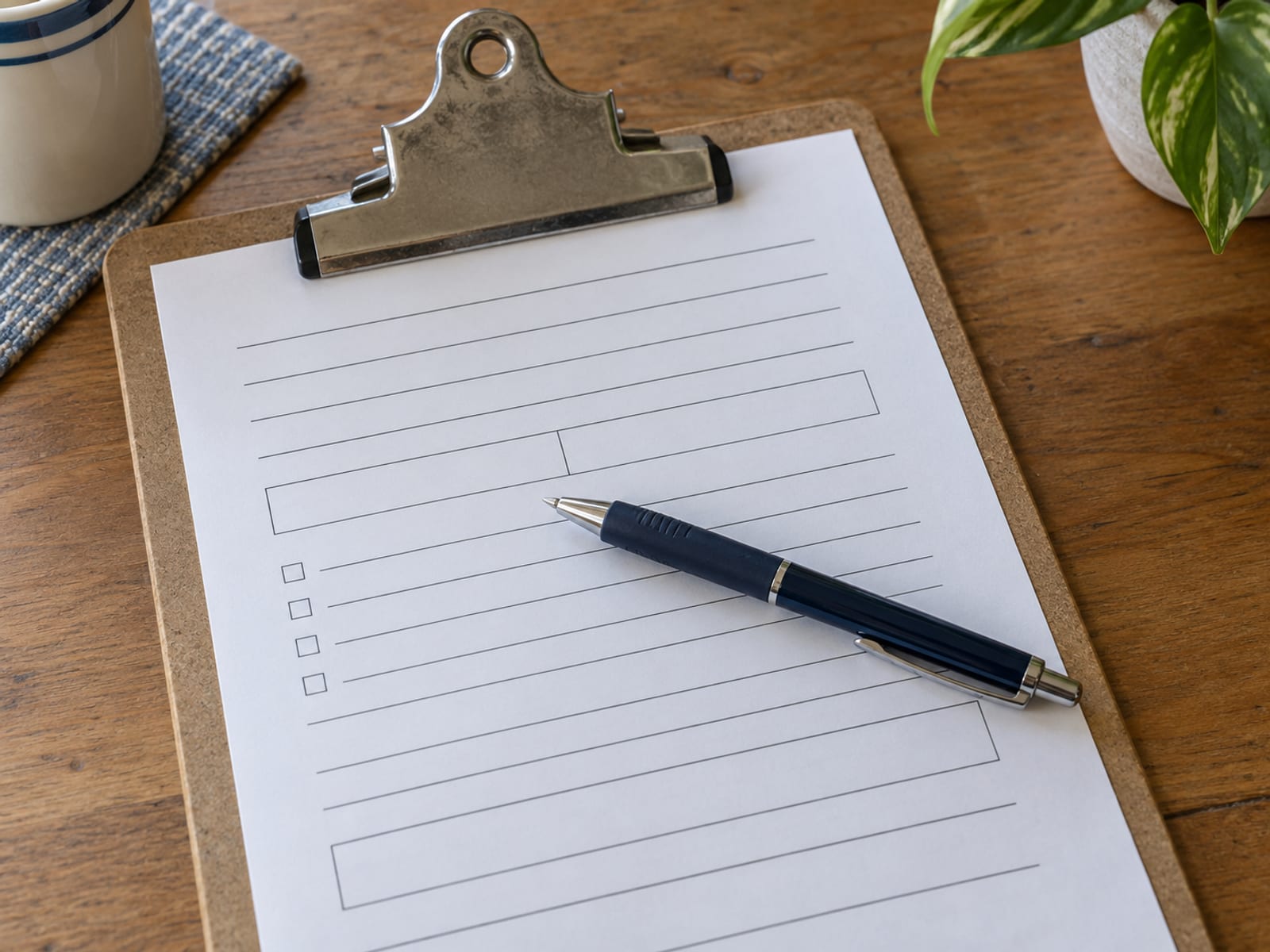 Blank printed form on a clipboard with a pen resting across it