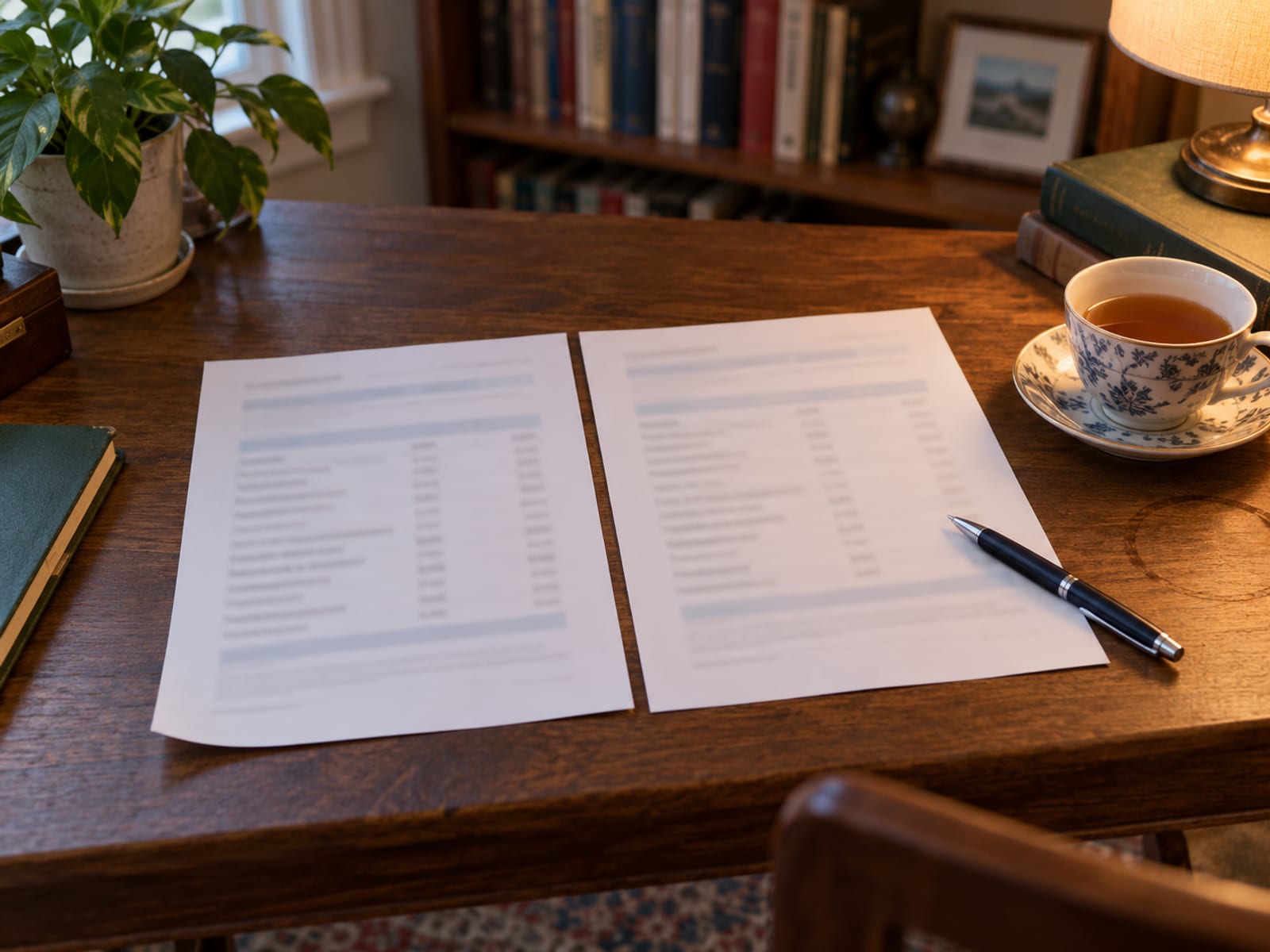 Two printed pages laid side by side on a table with a pen and a cup of tea