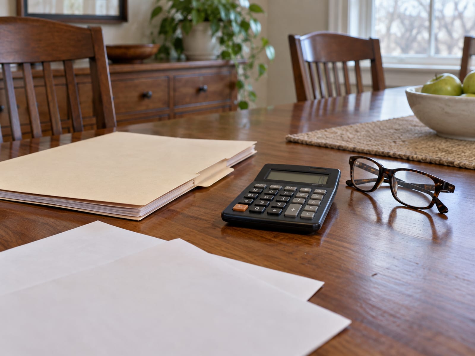A folder of medical bills and a calculator on a kitchen table beside a pair of reading glasses