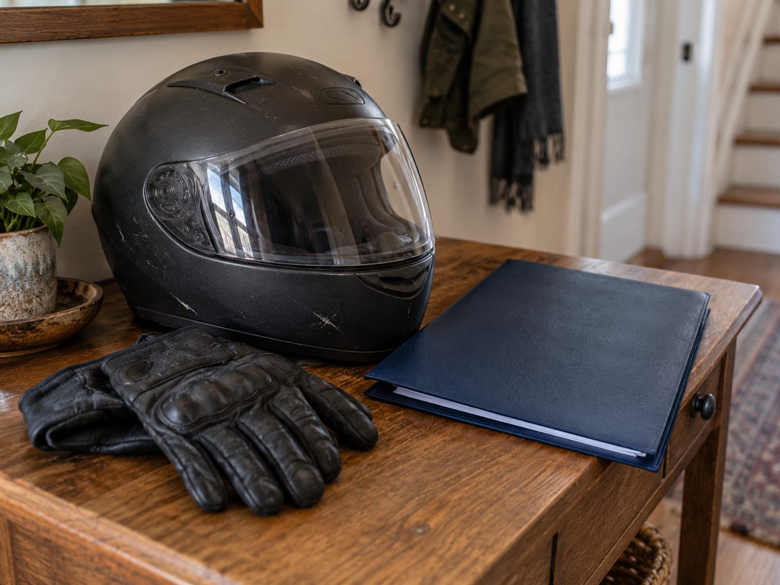A motorcycle helmet and riding gloves resting on a kitchen table beside a closed folder
