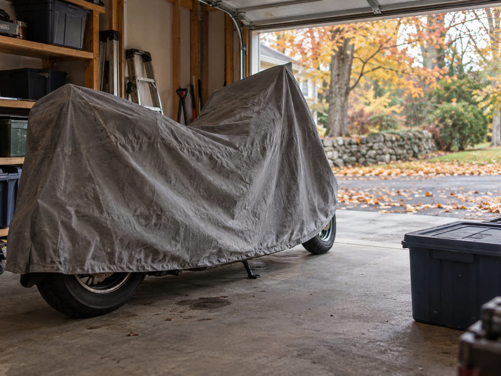 A motorcycle under a fitted cover in a home garage with fallen leaves outside the open door