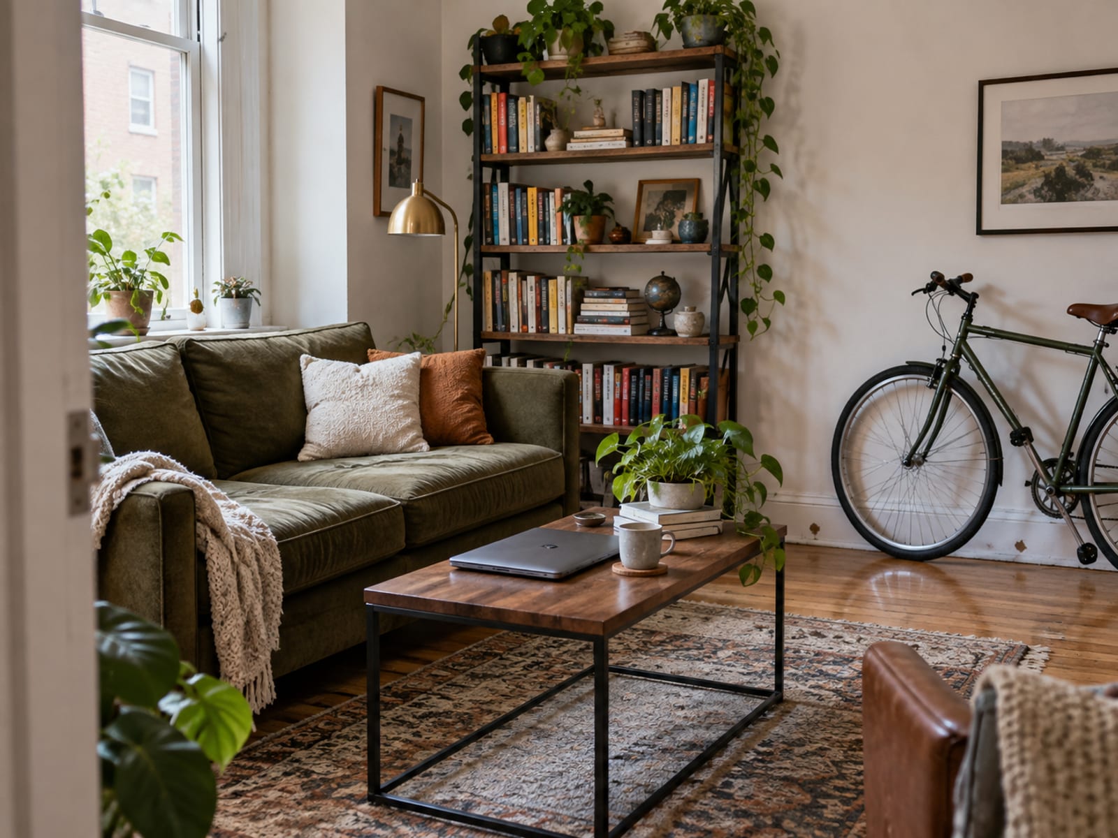 A furnished apartment living room with a sofa, a bookshelf, a laptop on a desk and a bicycle by the wall
