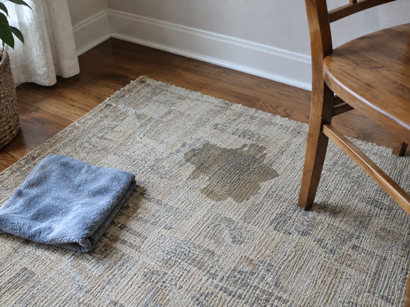 Rug with a modest damp stain beside a wooden chair in a rented room