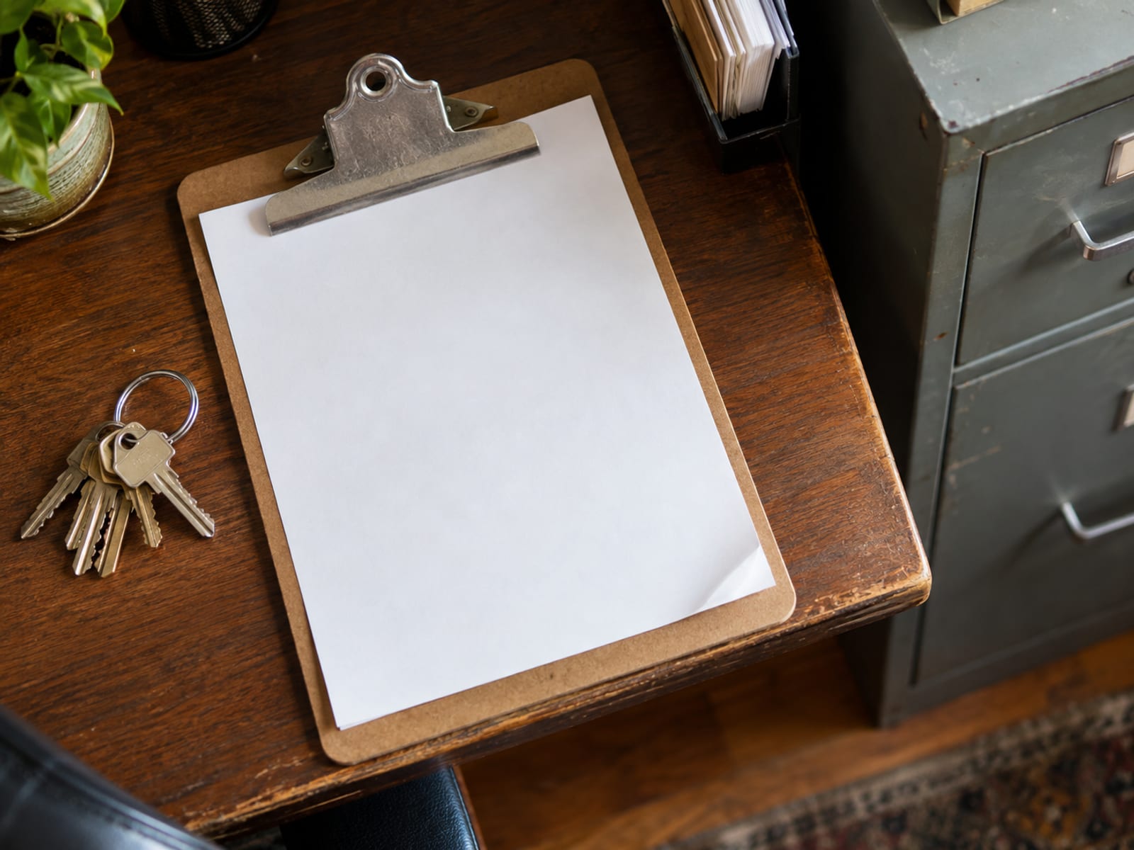 A blank one-page document on a clipboard beside a set of office keys on a reception desk