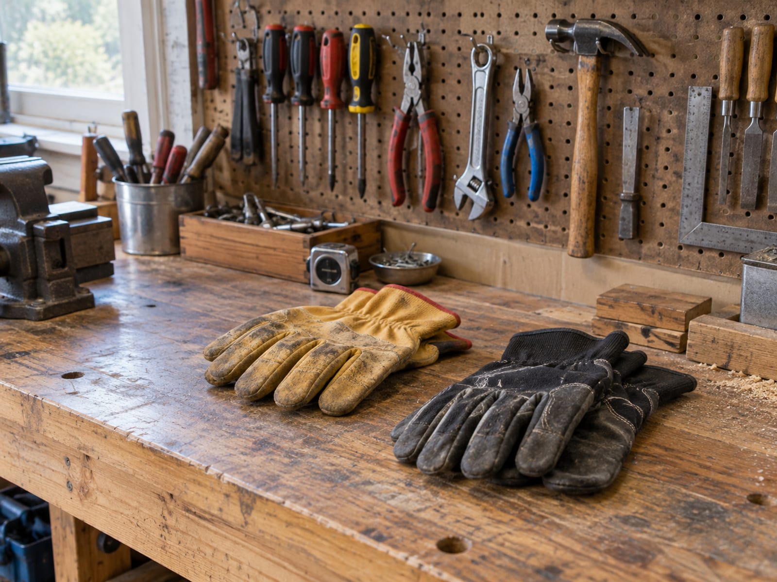 Tidy workshop bench with two pairs of work gloves and hand tools