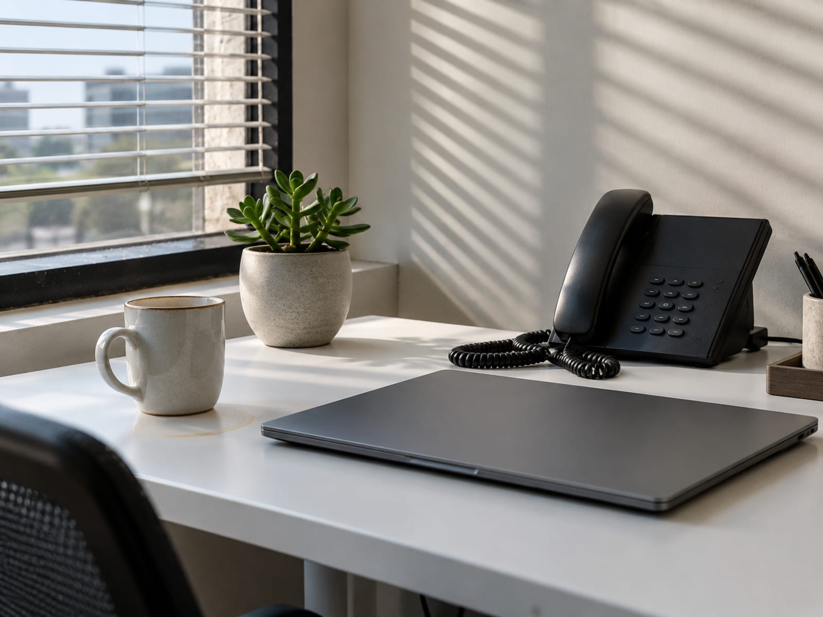 Una laptop cerrada y un teléfono de escritorio sobre un escritorio de oficina ordenado con luz suave, sin pantalla a la vista