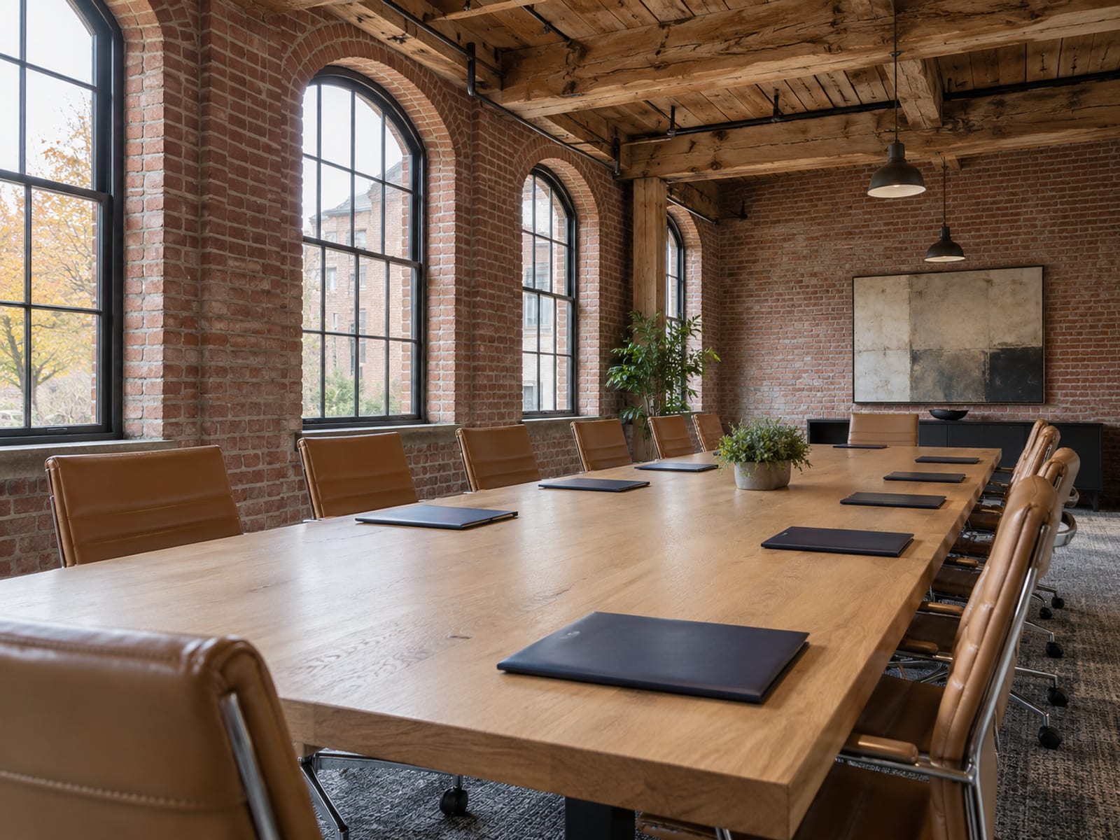 An empty boardroom with a long table, leather chairs and closed folders at each seat