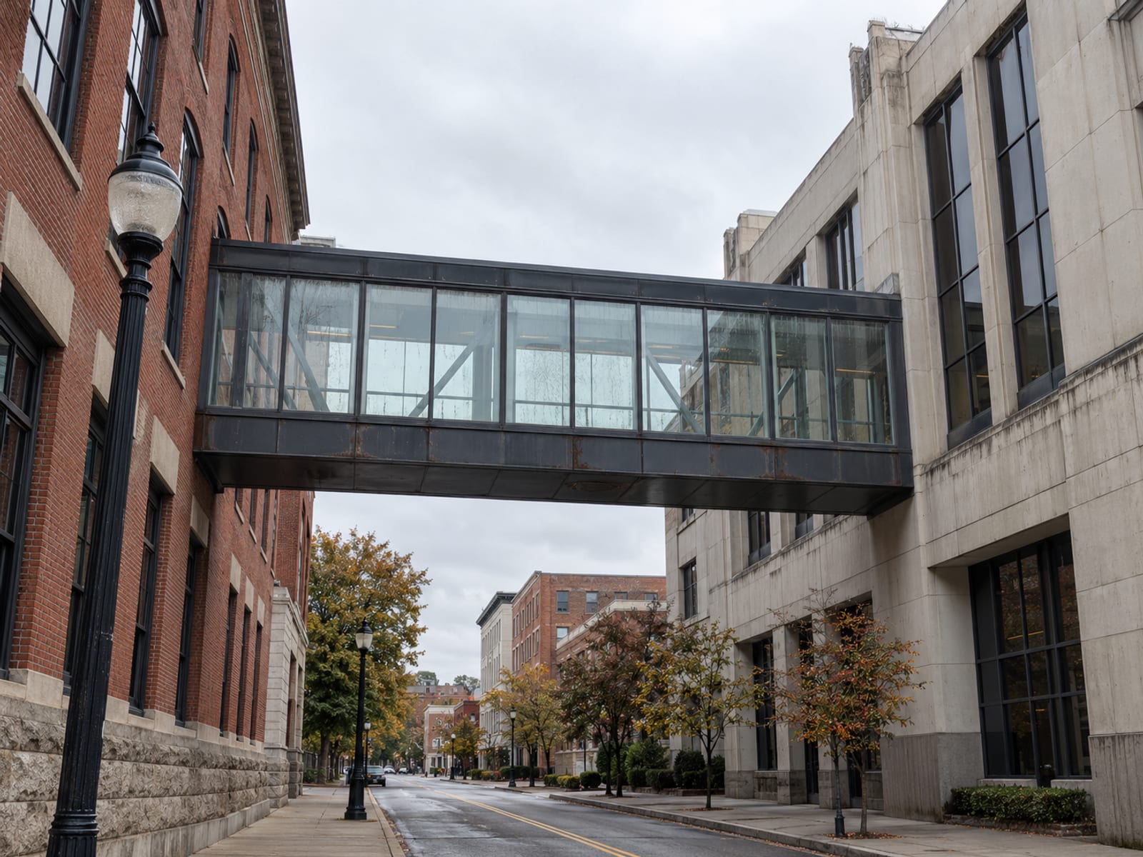Two office buildings joined by an enclosed glass skybridge, seen from street level
