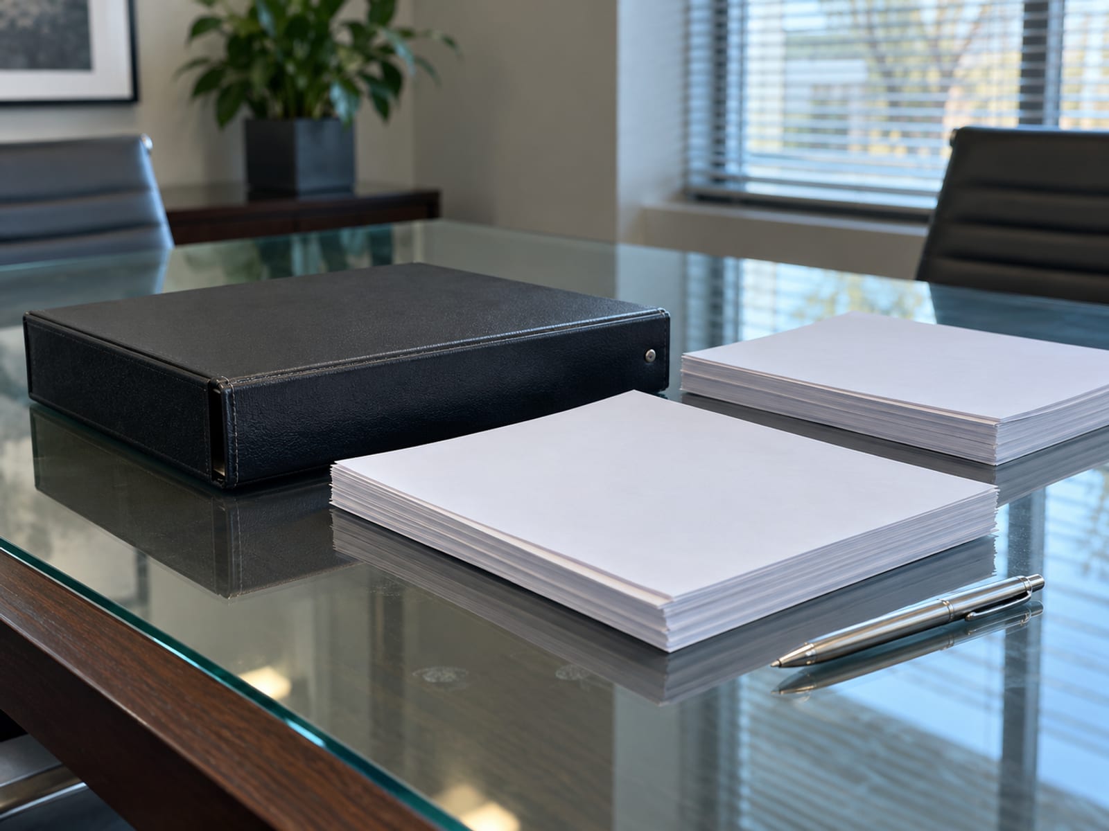 A closed binder and neat stacks of blank documents on a conference table beside a pen