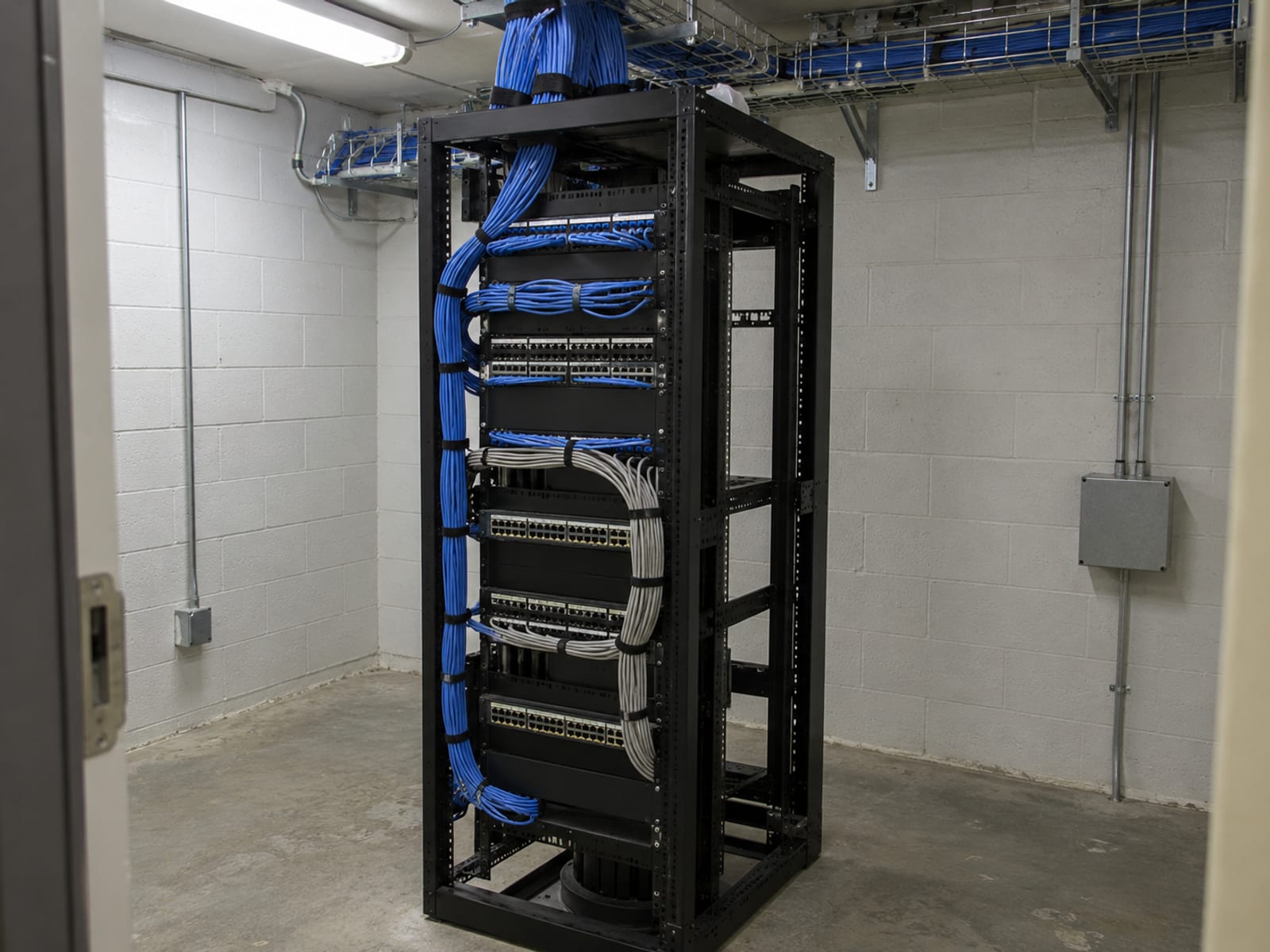 A tidy network equipment rack with neatly bundled cables in a small utility room of a commercial building