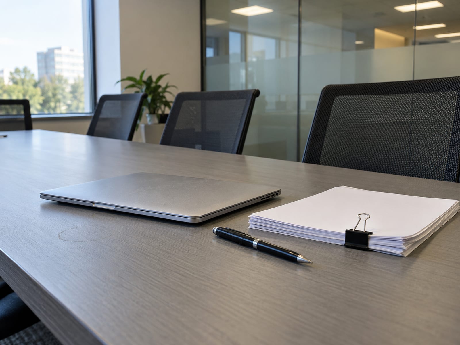 A closed laptop, a pen and a neat stack of blank closing documents on a conference table