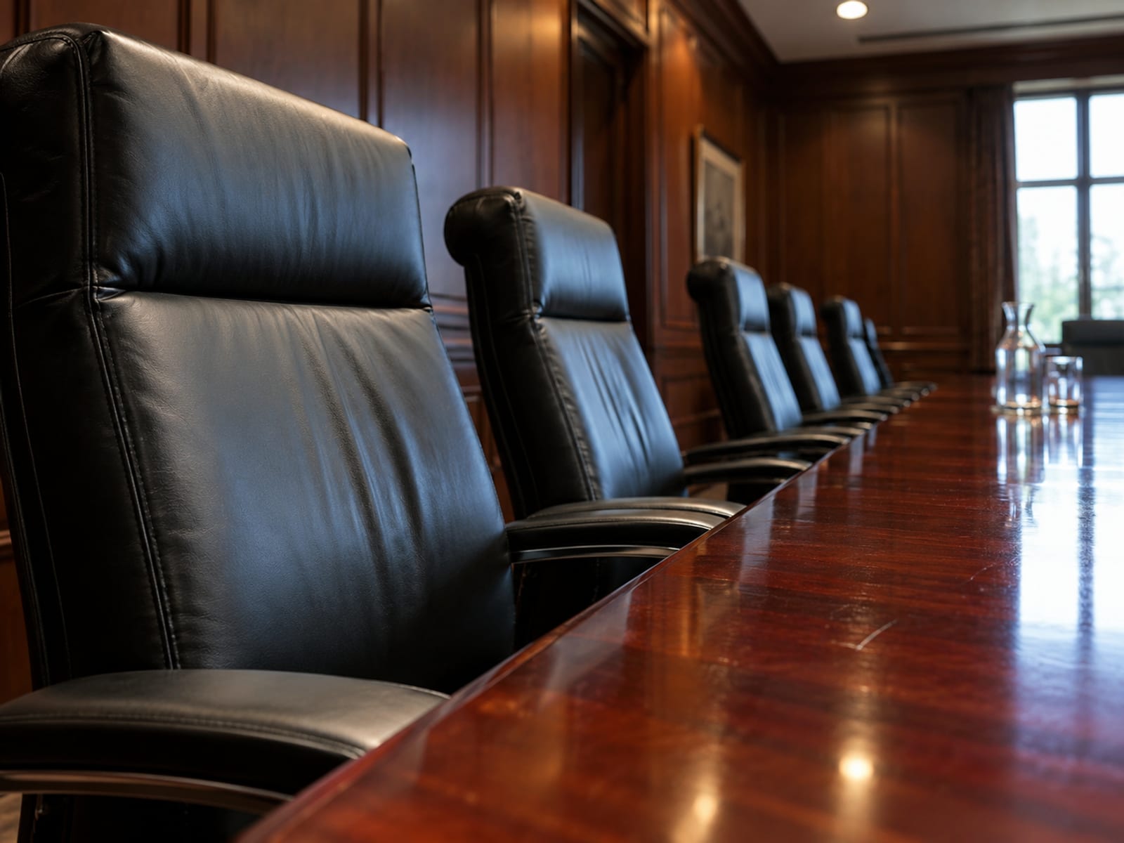 A row of empty chairs along a polished boardroom table under soft overhead light