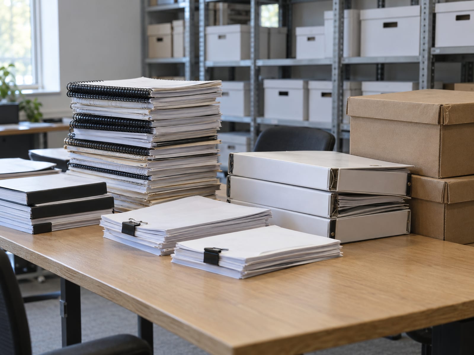 Stacks of bound documents and binders on a long office table