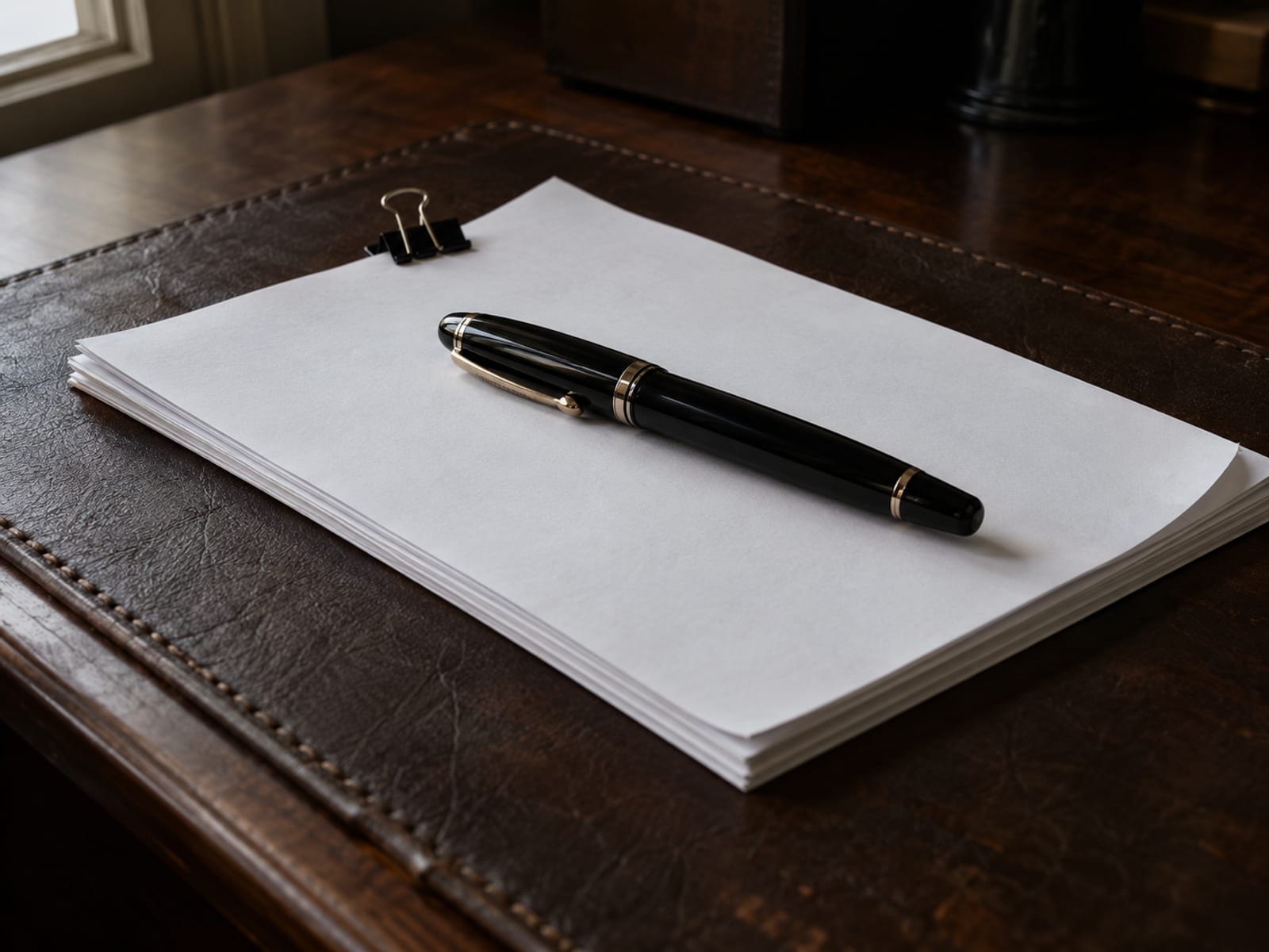 A pen resting on a stack of blank agreement pages on a dark desk
