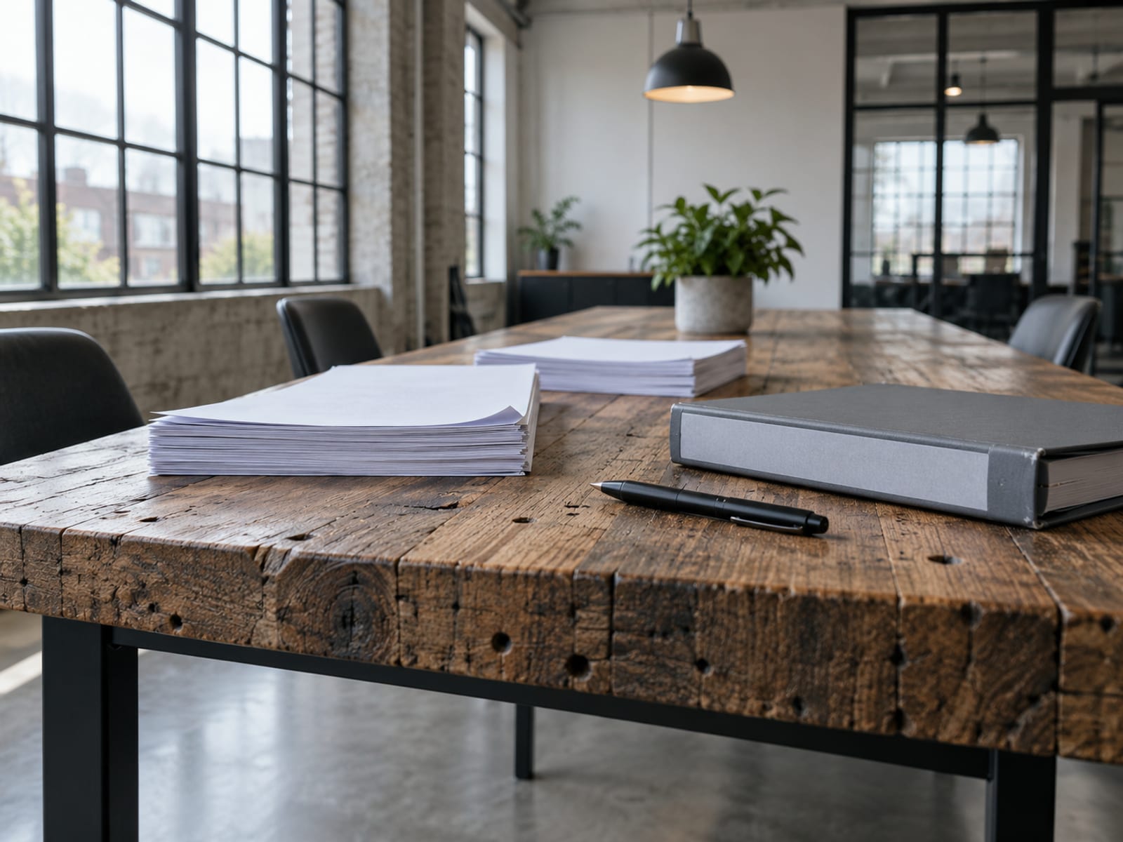 Varios documentos de póliza y una carpeta cerrada sobre una mesa de reuniones junto a una pluma, con las hojas en blanco e ilegibles