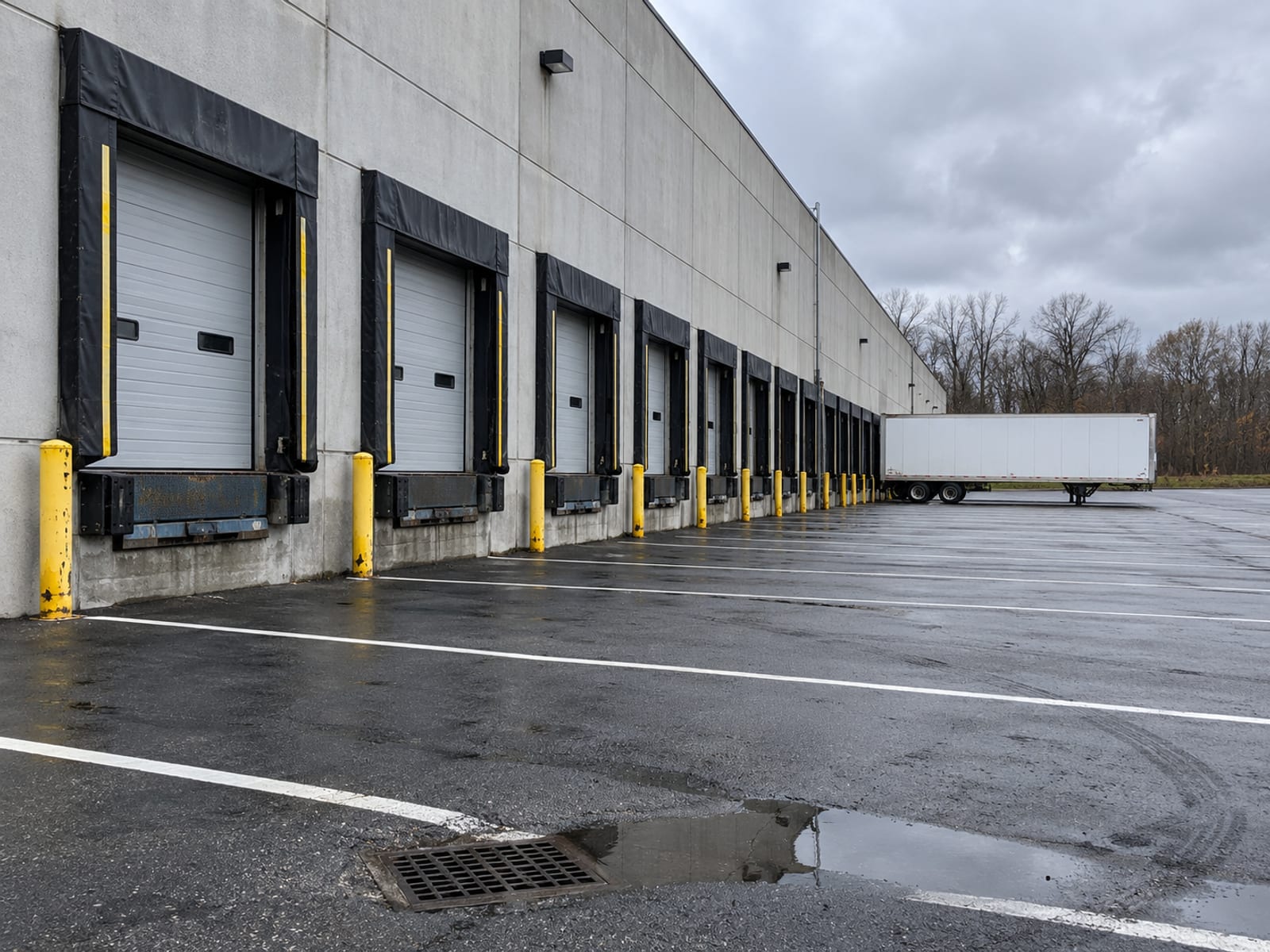 Loading docks along the side of a large warehouse with a paved truck court