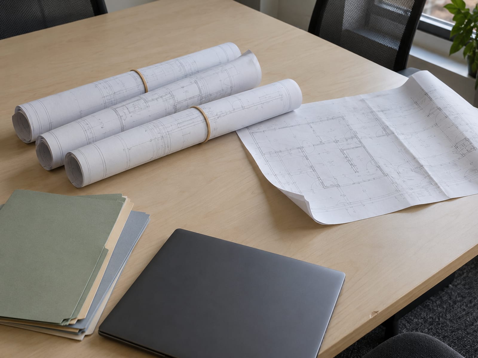 Planos enrollados, carpetas y una computadora portátil cerrada sobre una mesa de reuniones