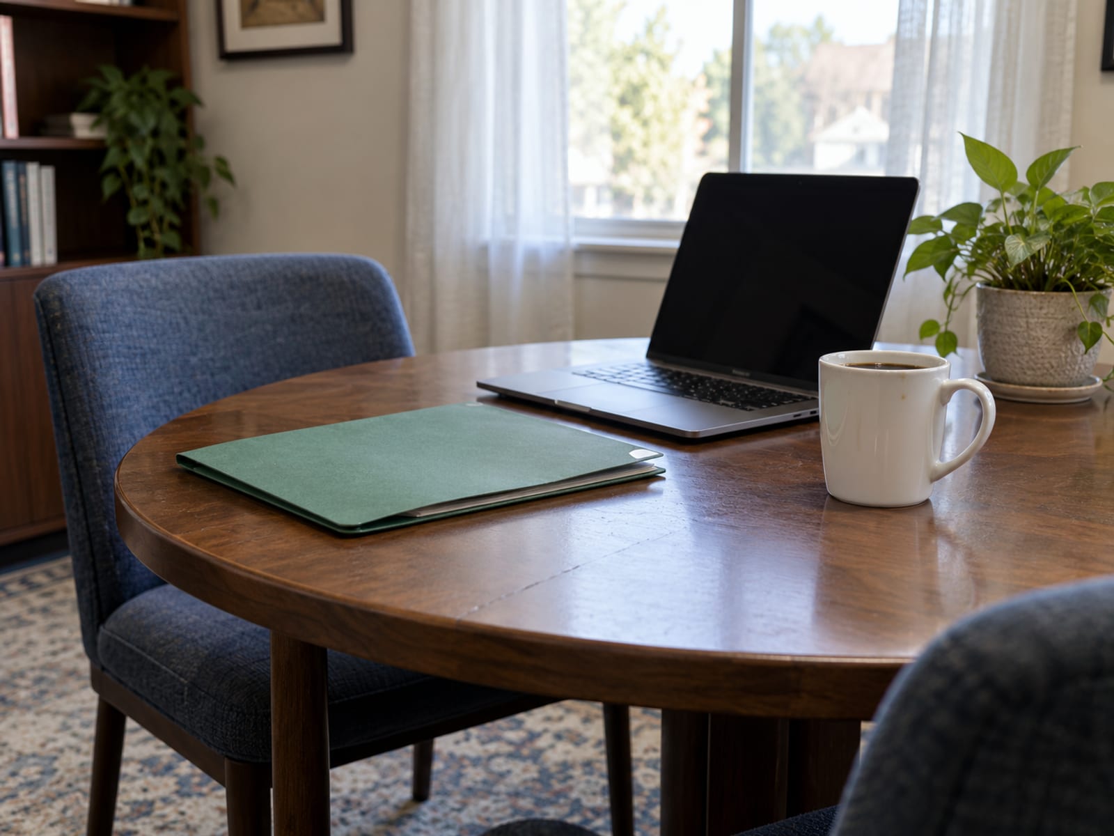 A closed folder, a laptop with a dark screen and a coffee cup on a meeting table