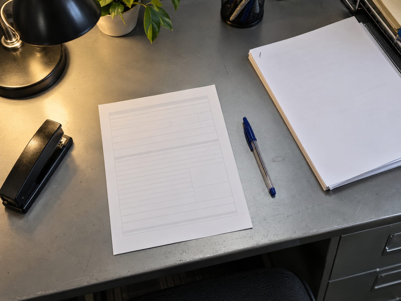 A single blank certificate form, a pen and a stapled policy packet on an office desk