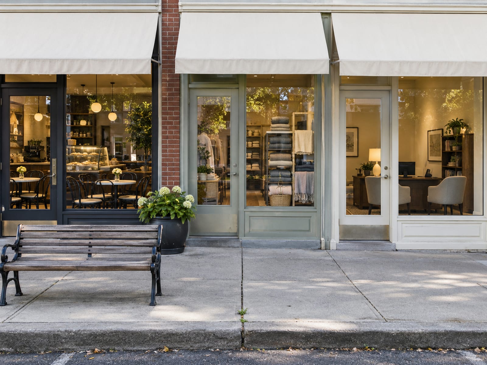 A small shopping center with a cafe, a retail shop and an office storefront side by side, awnings blank