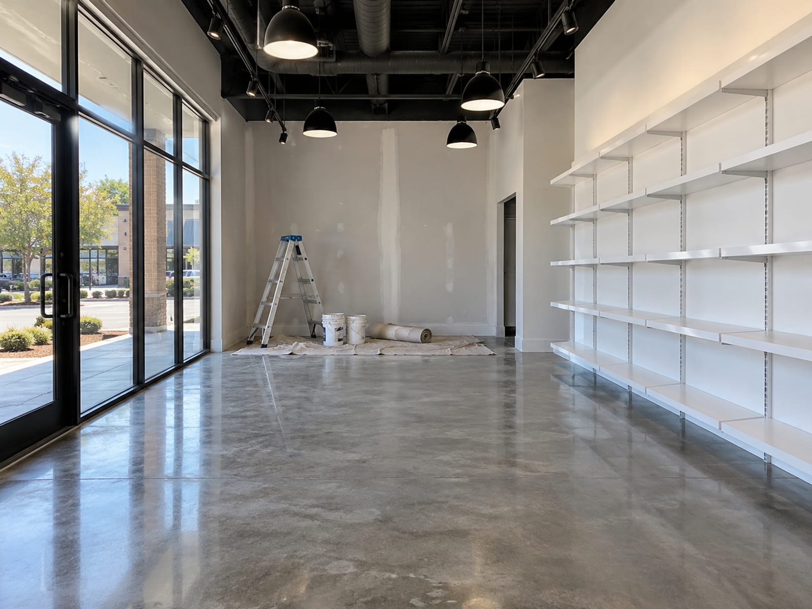 An empty retail space mid build-out with new shelving, light fixtures and a finished floor