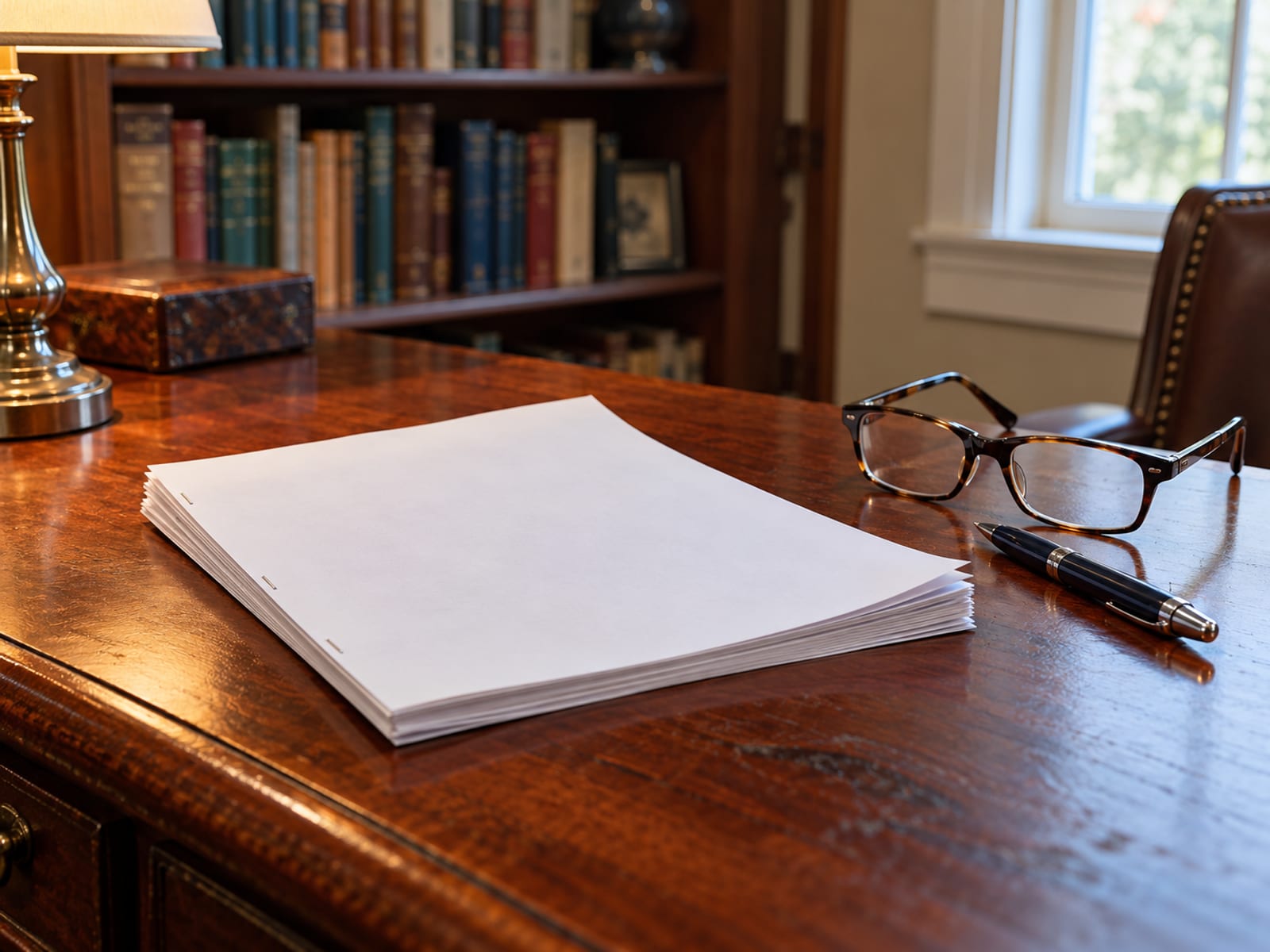 A stack of blank insurance documents and a pen on a desk beside reading glasses