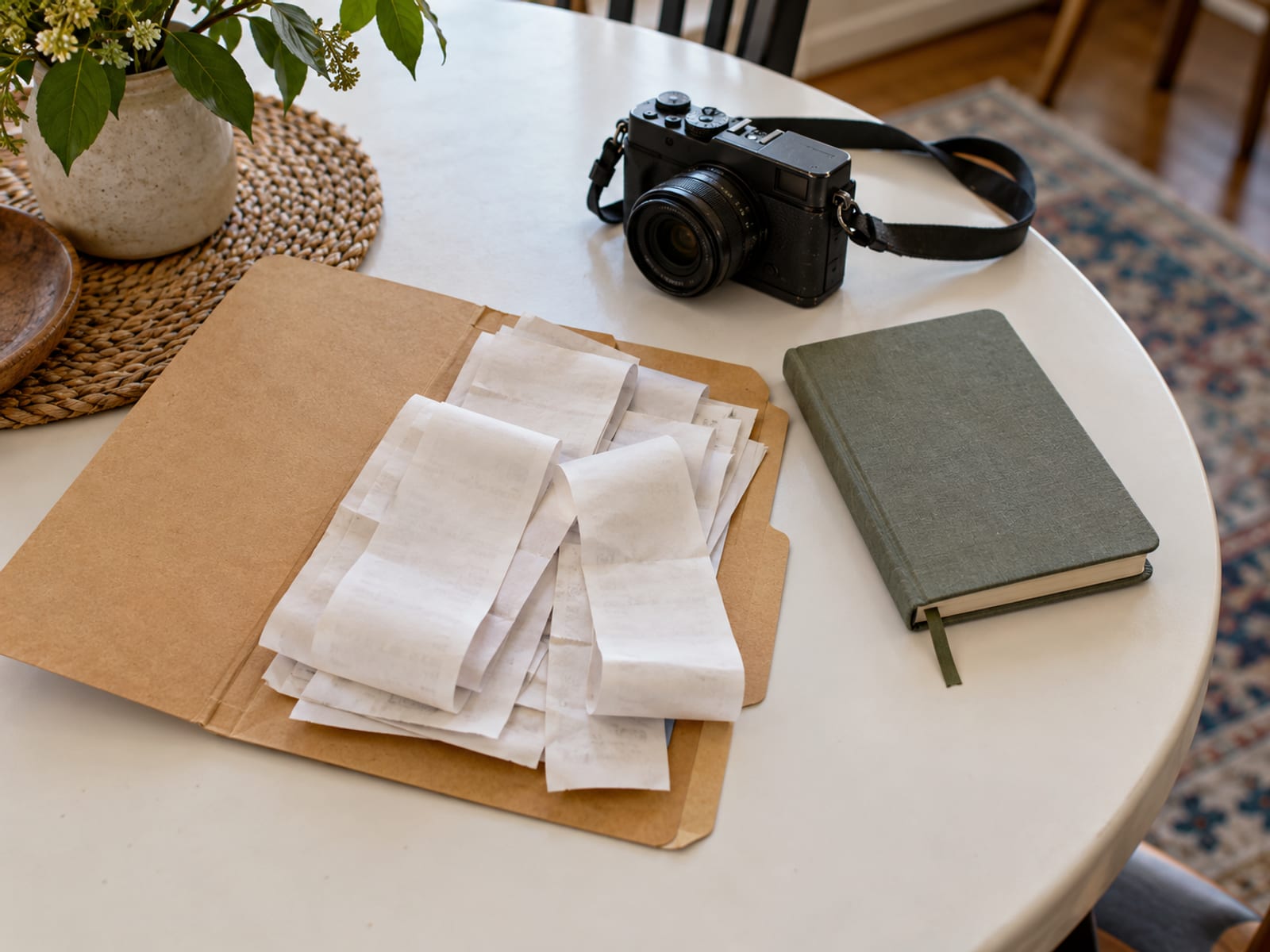 A folder of blank receipts, a small notebook and a camera on a table