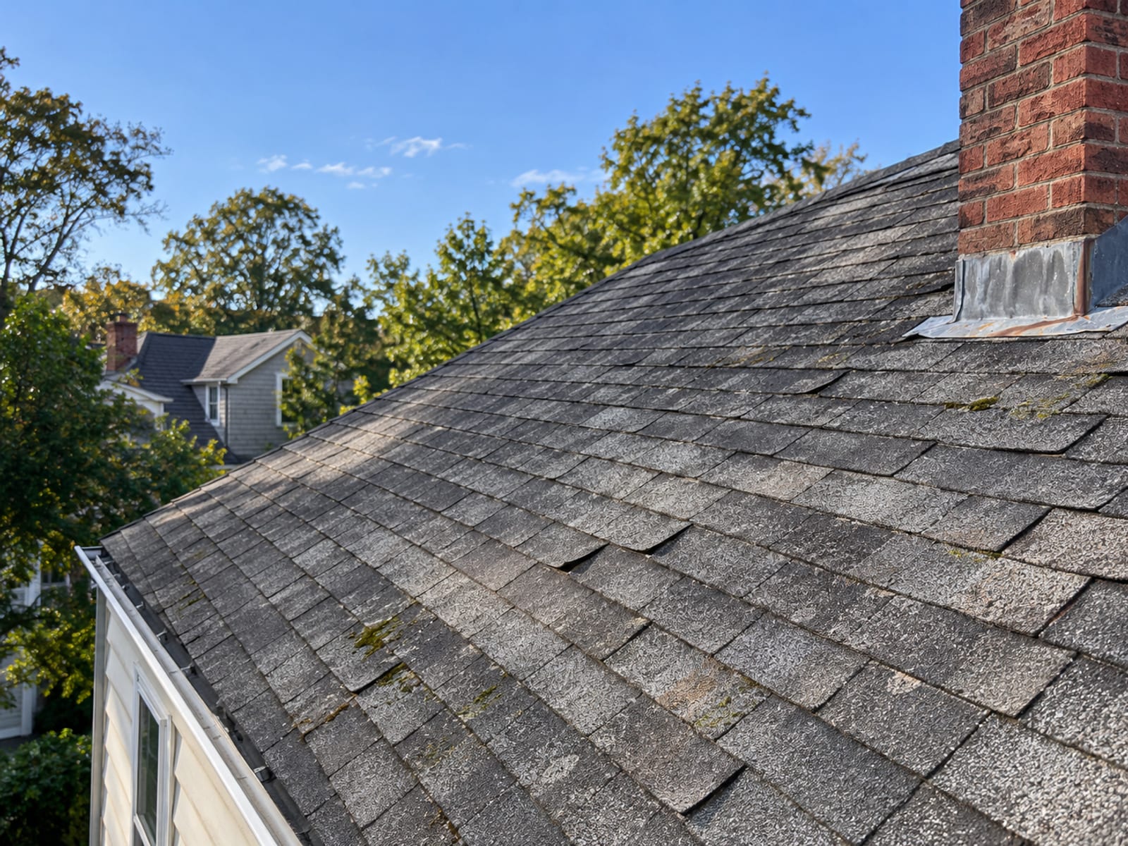 A weathered asphalt shingle roof against a clear sky