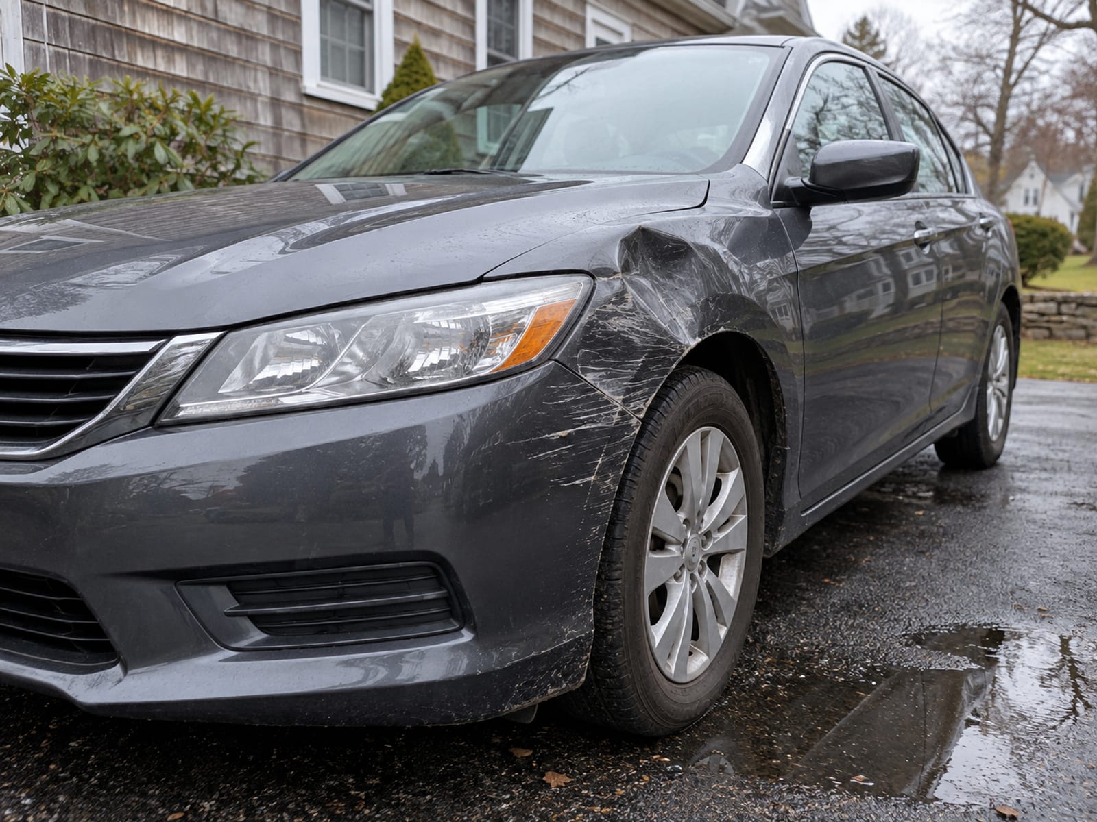 A late-model car with a dented front fender parked in a driveway on an overcast day